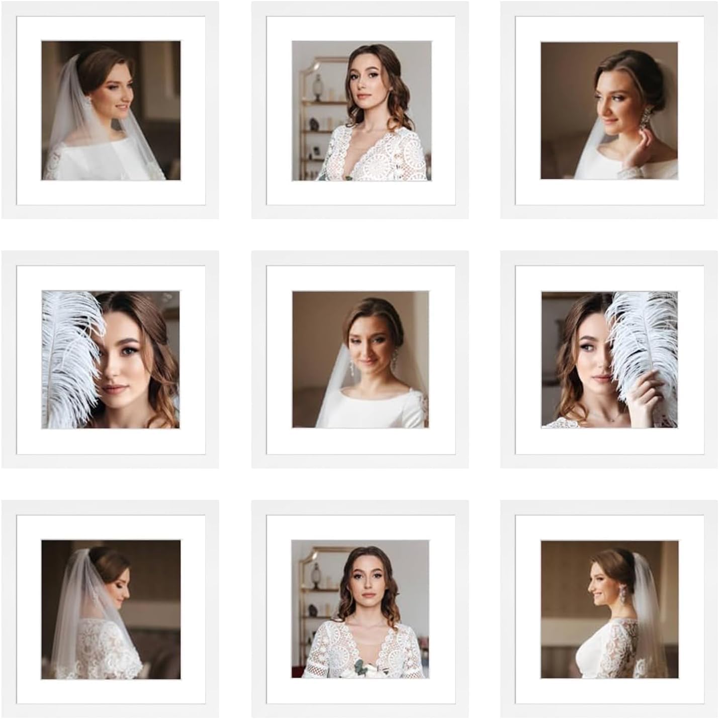 12x12 Picture Frame Set of 9, Display Pictures 8x8 with Mat or 12x12 without Mat, Multi Collage Gallery Square Photo Frames for Wall or Tabletop, Black