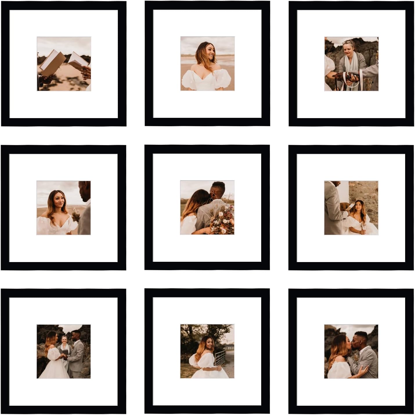 12x12 Picture Frame Set of 9, Display Pictures 8x8 with Mat or 12x12 without Mat, Multi Collage Gallery Square Photo Frames for Wall or Tabletop, Black