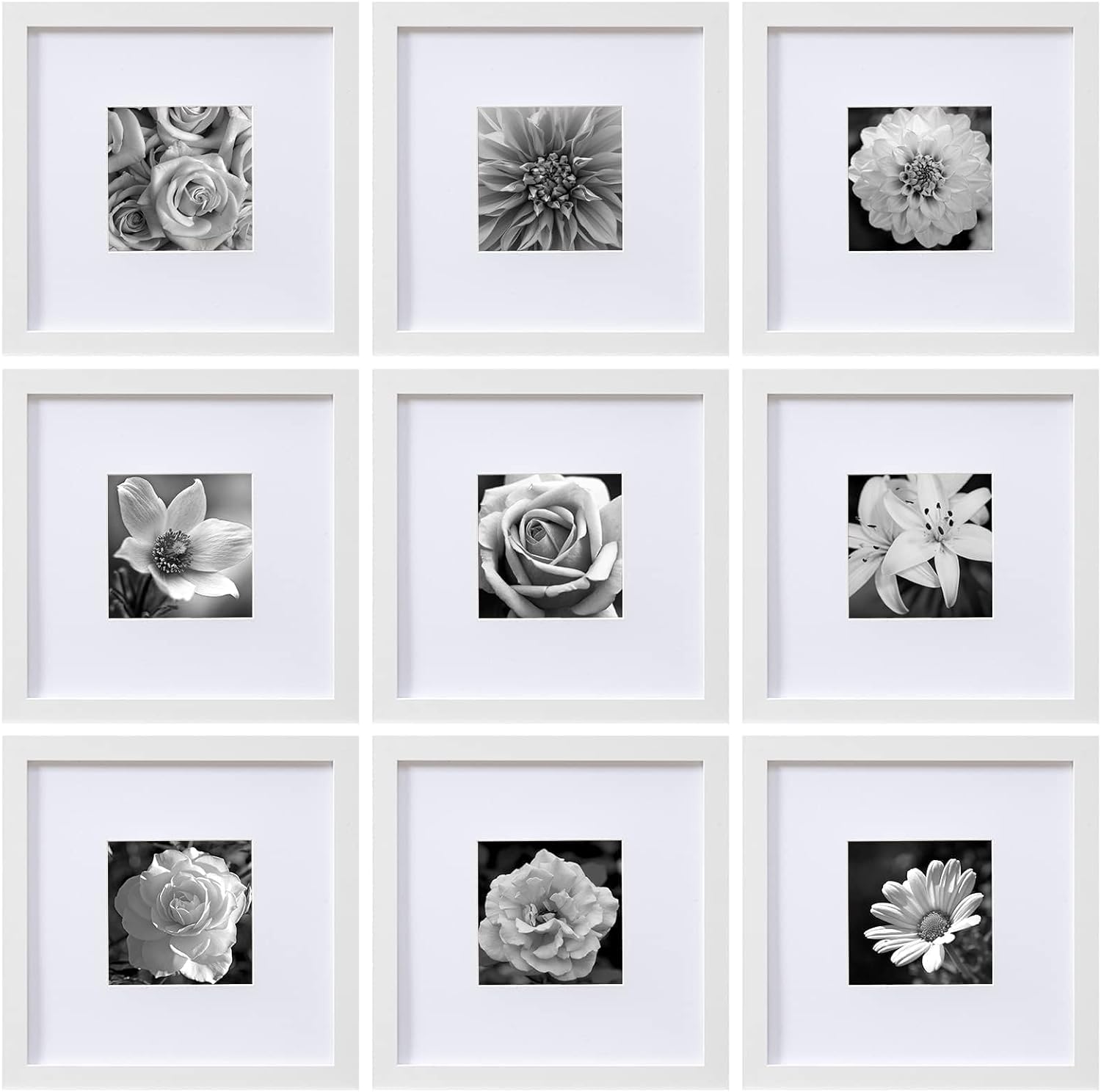 eletecpro 12x12 Picture Frames Set of 9 with Mat for 8x8 Photos or without Mat for 12x12, Square Gallery Wall Decor Collage for Picture Display, Black Frame Set for Wall Hanging