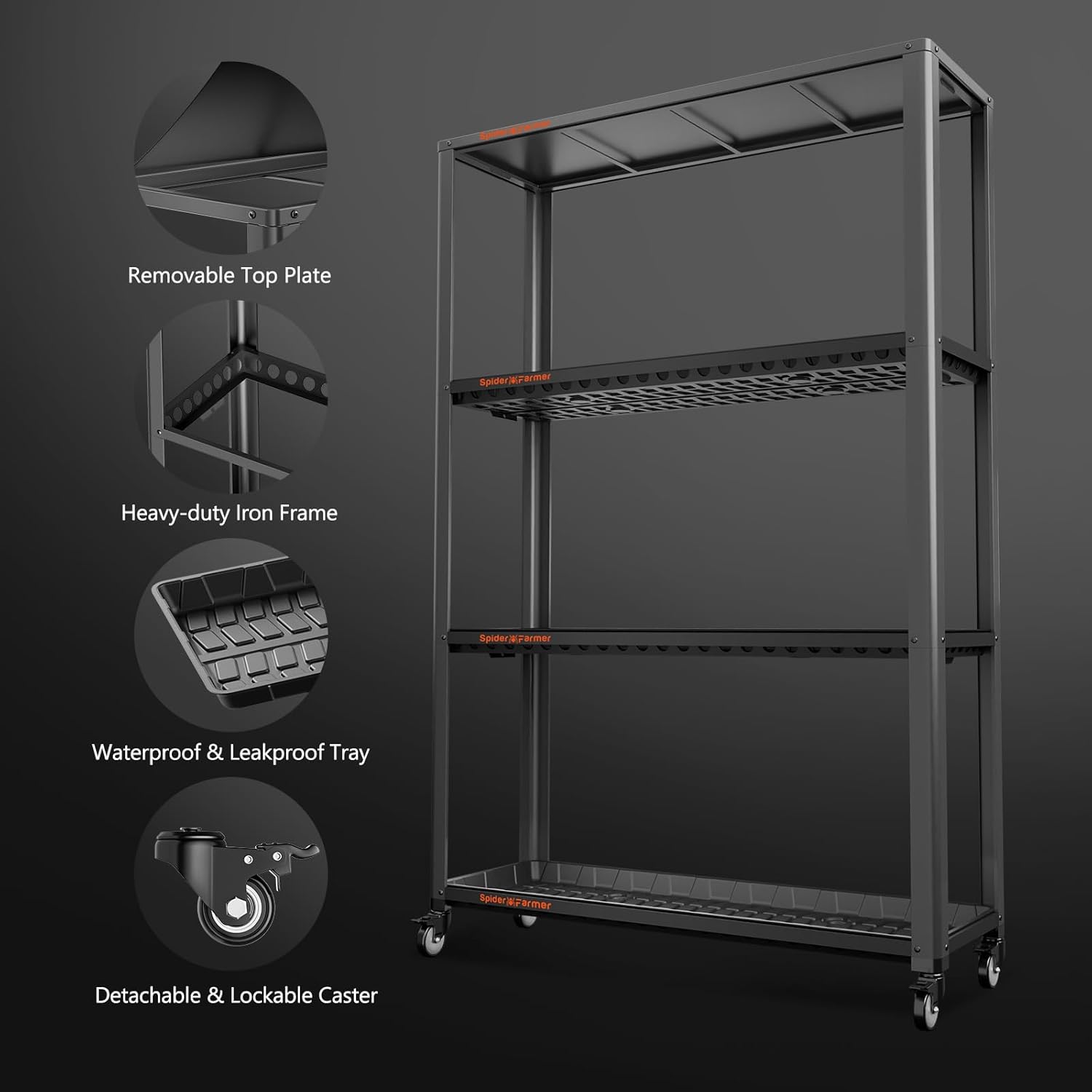 Spider Farmer Plant Stand 3 Tier Heavy-Duty Metal SF600 Plant Shelf With Waterproof Trays and Lockable Wheels For Flower Pot Display Easy Assembly Rack Black Indoor Outdoor 46Lx15Dx70H