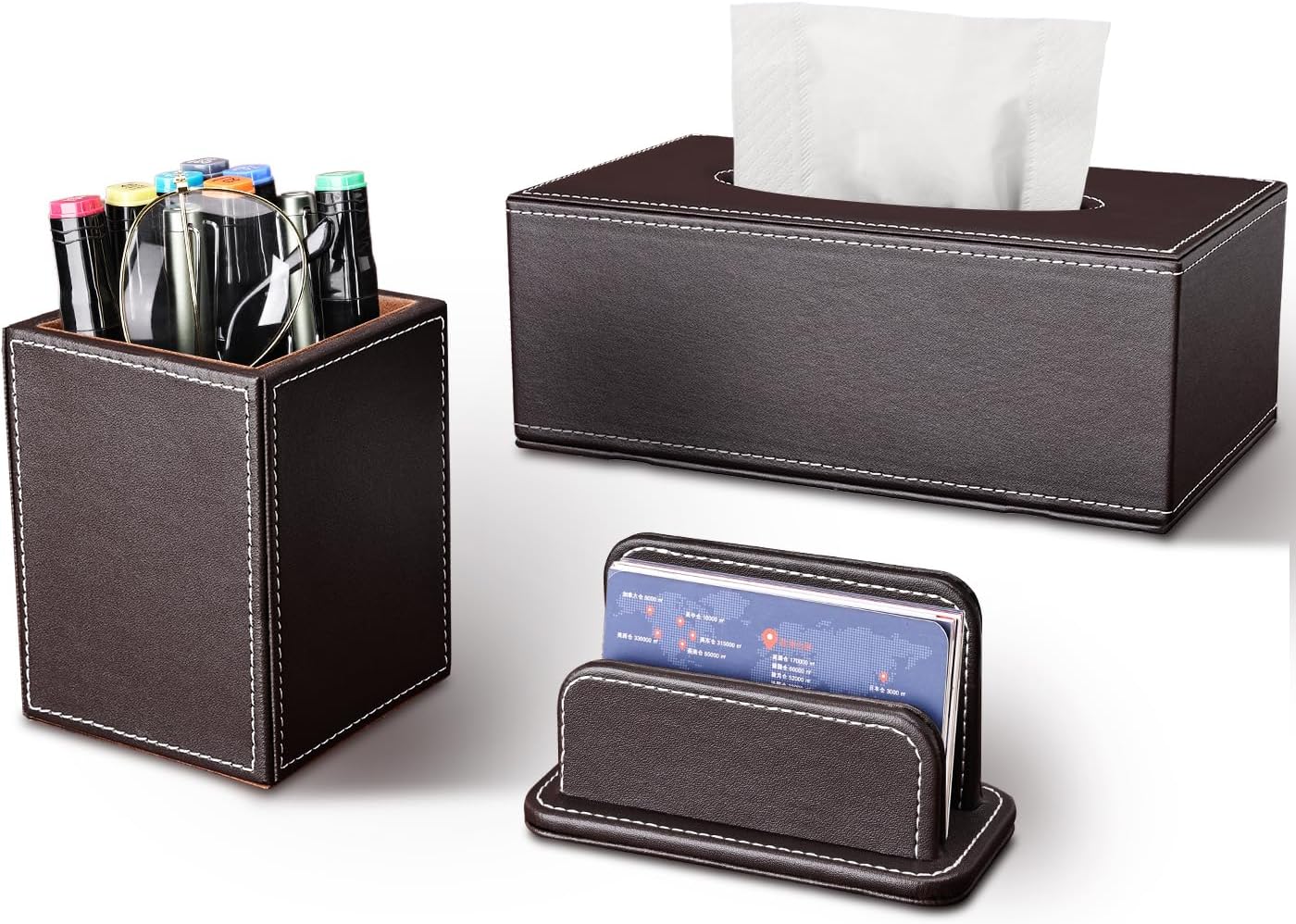 KINGFOM 5PCS Desk Organizer and Accessories Set, Pu Leather Office Supplies with Multifunction Desktop Organizer Storage Box, Tissue Holder, Mouse Pad, Note Paper Holder, Pencil Holder for Desk Black