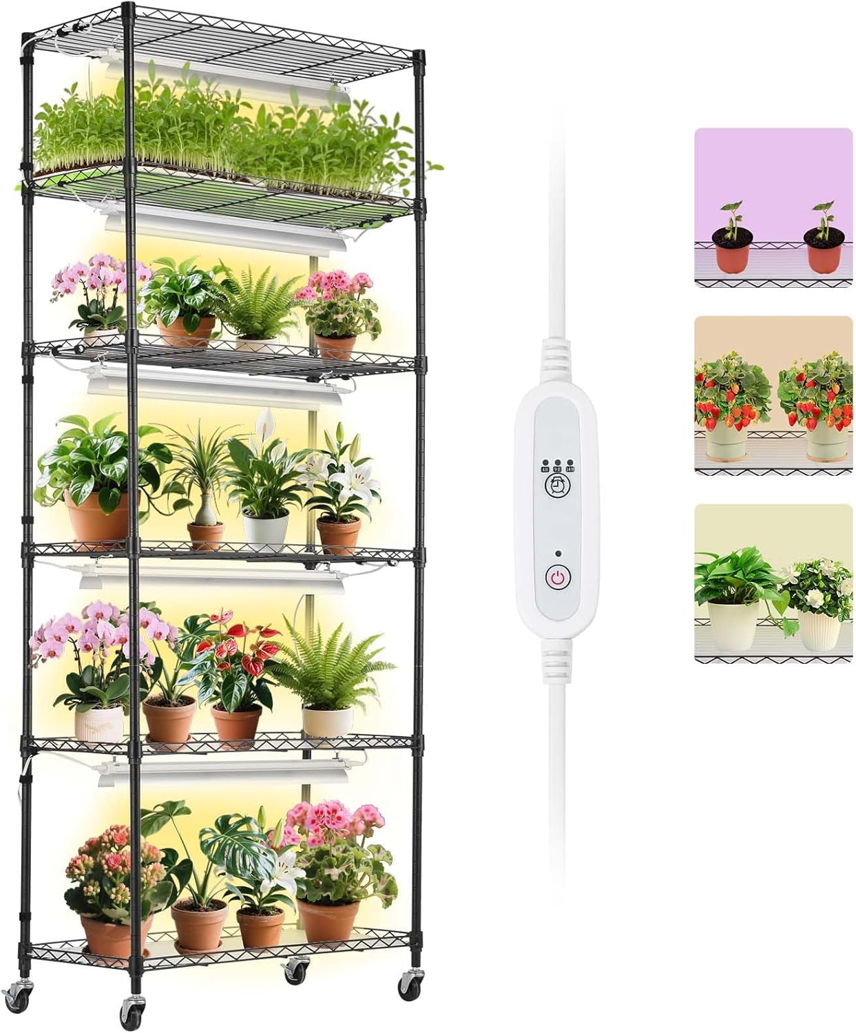 VEVOR DIY Plant Stand with Grow Light, 6-Tier Large Tall Plant Shelf with 192W 5000K Full Spectrum Grow Lights, Indoor Grow Light Shelf with Wheels for Seed Starting 29.5" L x 13.8" W x 70.9" H