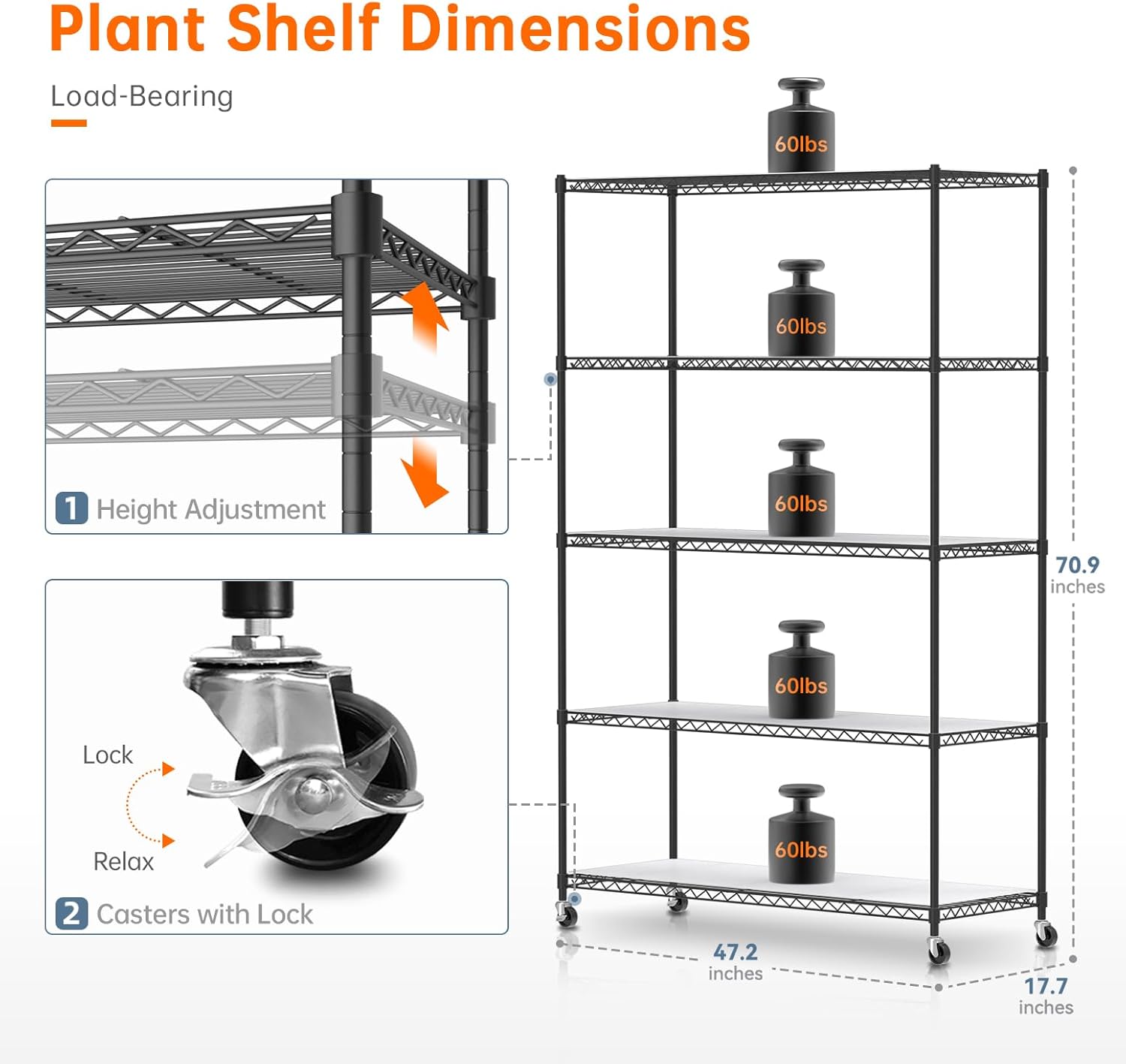 Bstrip Plant Shelf with Grow Lights, 5 Tier Large Tall Plant Stand with 3FT T5 144w Grow Light for Indoor Plants, 3 Mode Full Spectrum LED Plant Light with wheel and Timer for Seedling, 47.2x17.8x71IN