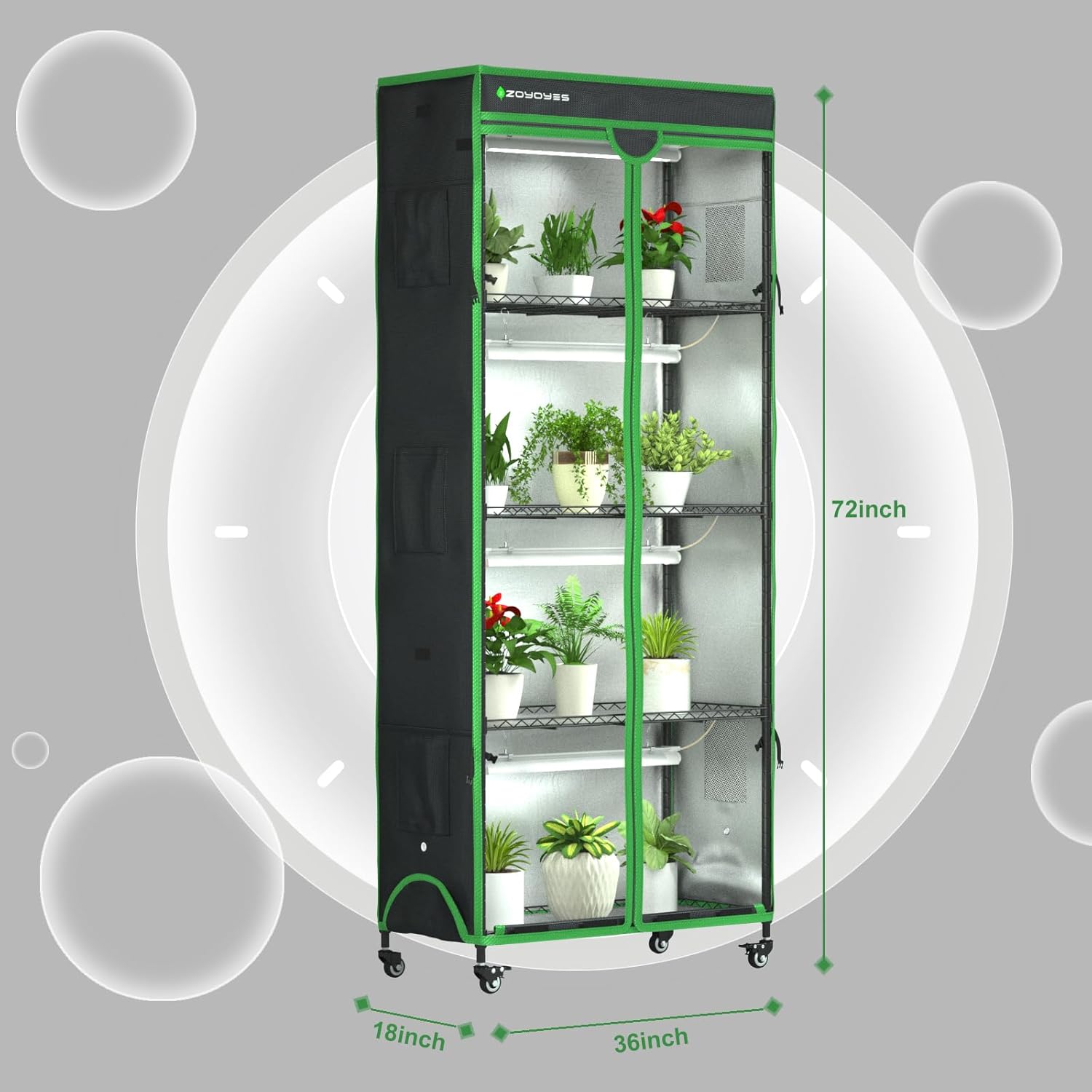 Plant Stand with Grow Light,36" LX18 WX72 H,6-Layer Plant Shelf with Cover,Indoor Greenhouse 3-Color T8 Growth Lights and Smart Socket, Thermohygrometer,for Seedling Reproduction Flowering