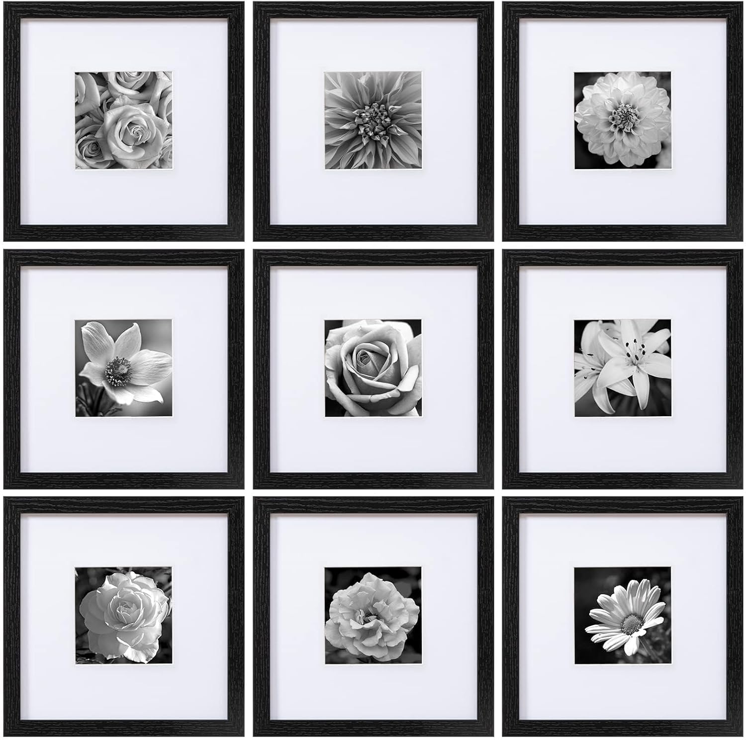 eletecpro 12x12 Picture Frames Set of 9 with Mat for 8x8 Photos or without Mat for 12x12, Square Gallery Wall Decor Collage for Picture Display, Black Frame Set for Wall Hanging