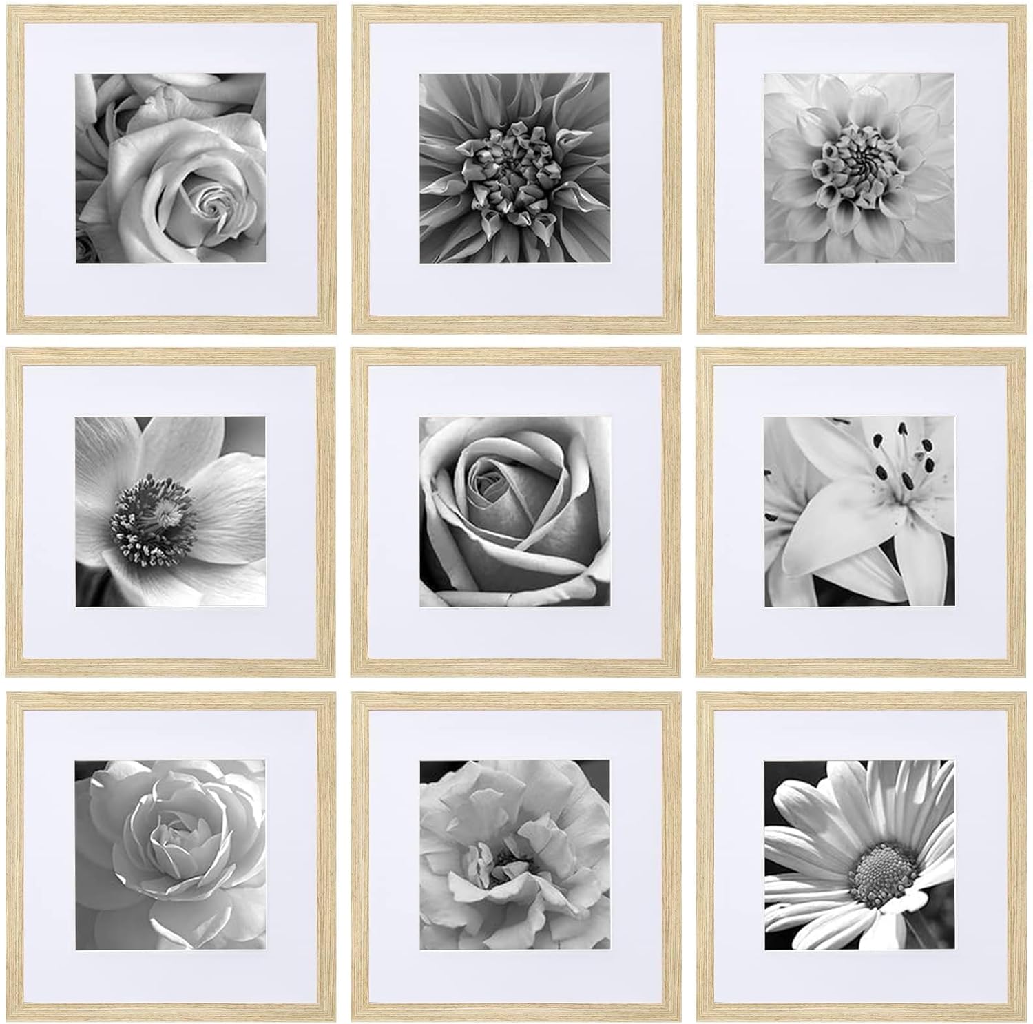 eletecpro 12x12 Picture Frames Set of 9 with Mat for 8x8 Photos or without Mat for 12x12, Square Gallery Wall Decor Collage for Picture Display, Black Frame Set for Wall Hanging