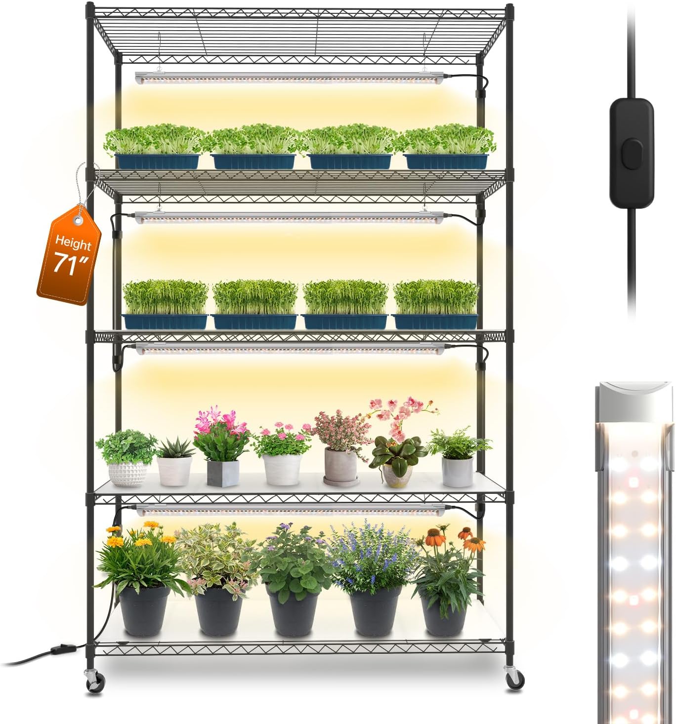 Bstrip Plant Shelf with Grow Lights, 5 Tier Large Tall Plant Stand with 3FT T5 144w Grow Light for Indoor Plants, 3 Mode Full Spectrum LED Plant Light with wheel and Timer for Seedling, 47.2x17.8x71IN