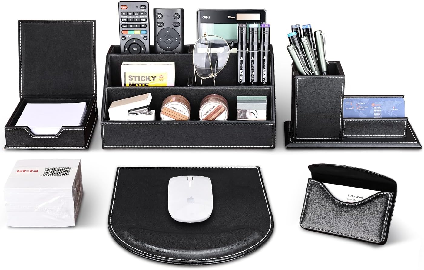 KINGFOM 5PCS Desk Organizer and Accessories Set, Pu Leather Office Supplies with Multifunction Desktop Organizer Storage Box, Tissue Holder, Mouse Pad, Note Paper Holder, Pencil Holder for Desk Black