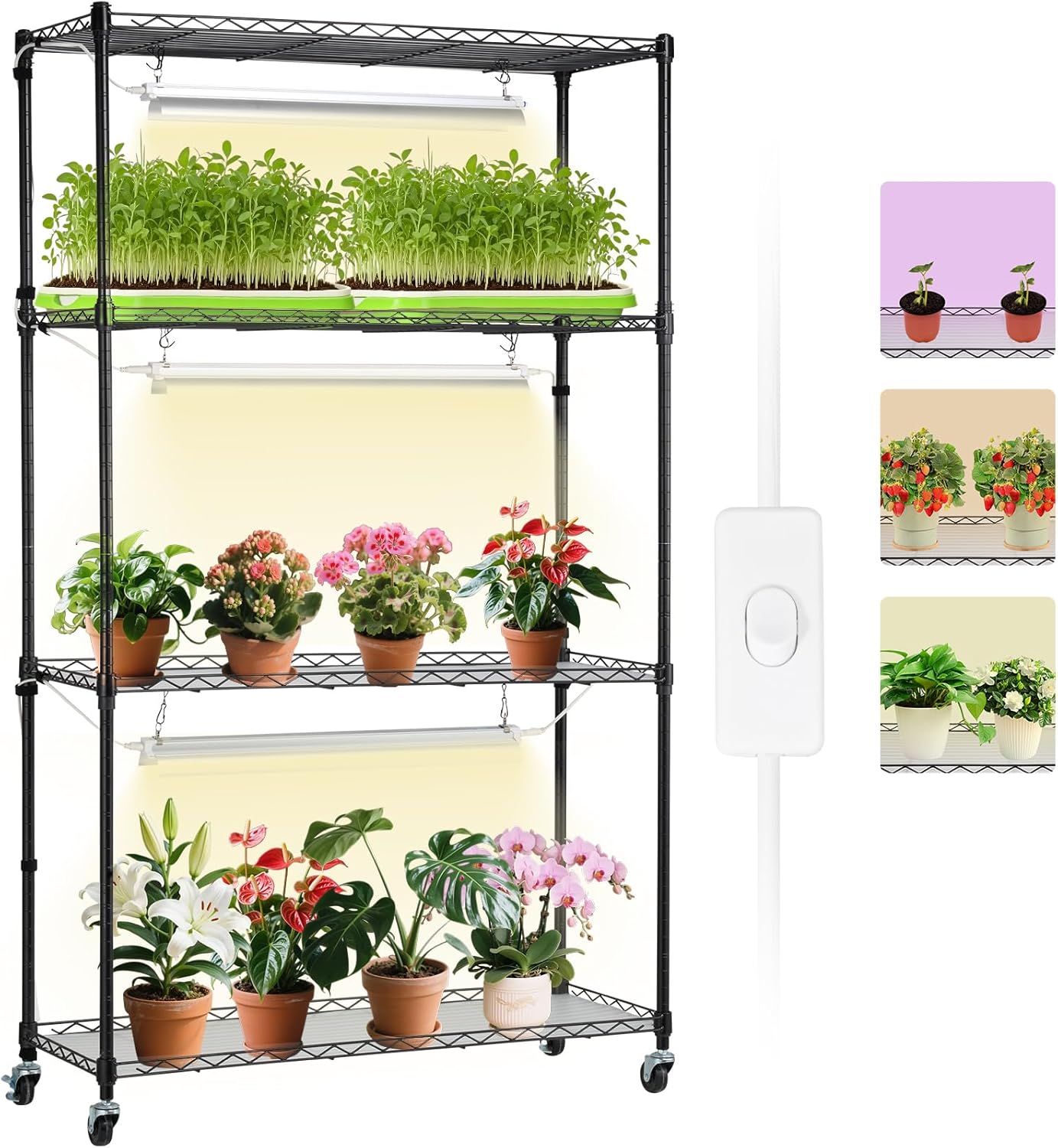 VEVOR DIY Plant Stand with Grow Light, 6-Tier Large Tall Plant Shelf with 192W 5000K Full Spectrum Grow Lights, Indoor Grow Light Shelf with Wheels for Seed Starting 29.5" L x 13.8" W x 70.9" H