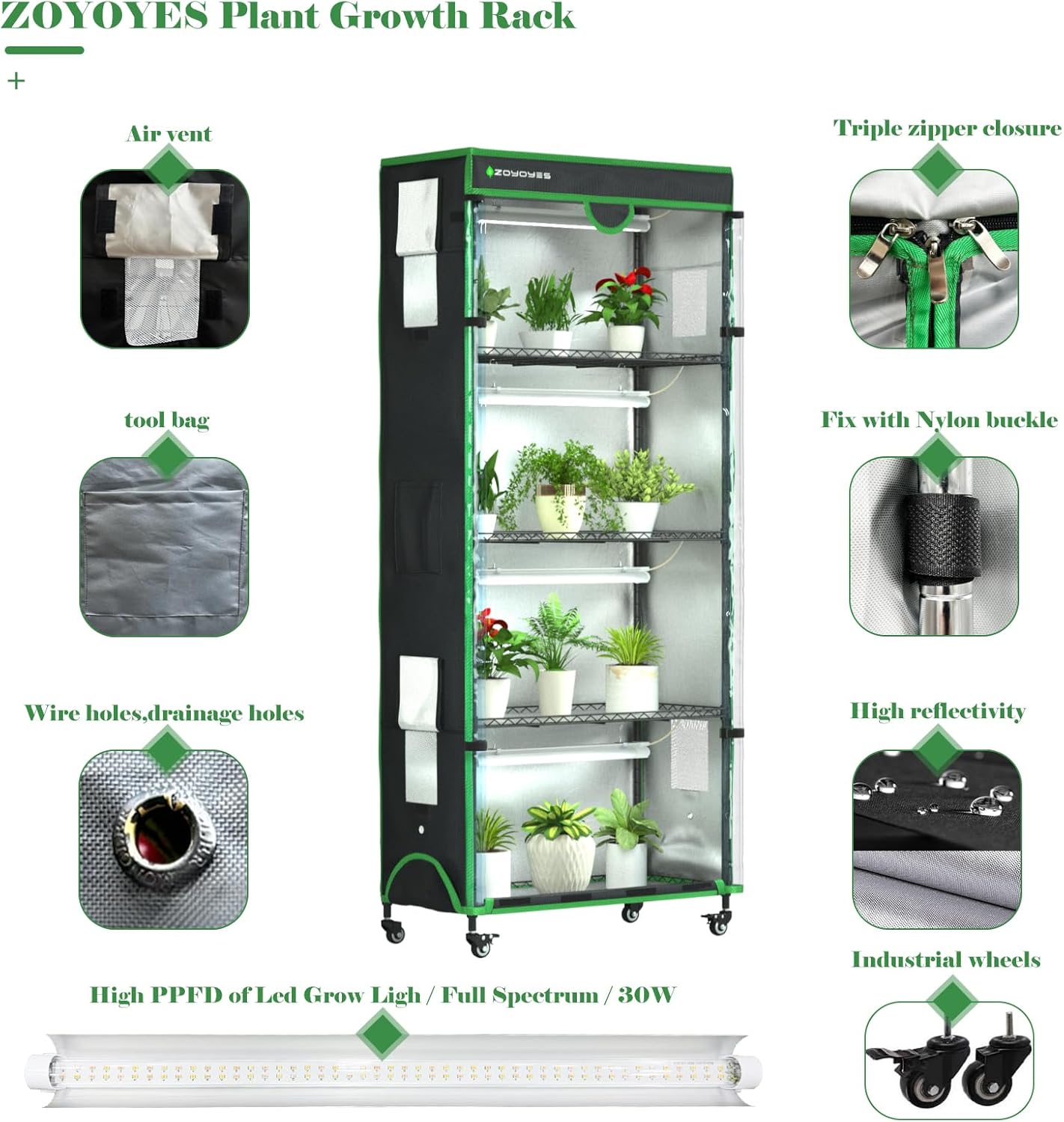Plant Stand with Grow Light,36" LX18 WX72 H,6-Layer Plant Shelf with Cover,Indoor Greenhouse 3-Color T8 Growth Lights and Smart Socket, Thermohygrometer,for Seedling Reproduction Flowering