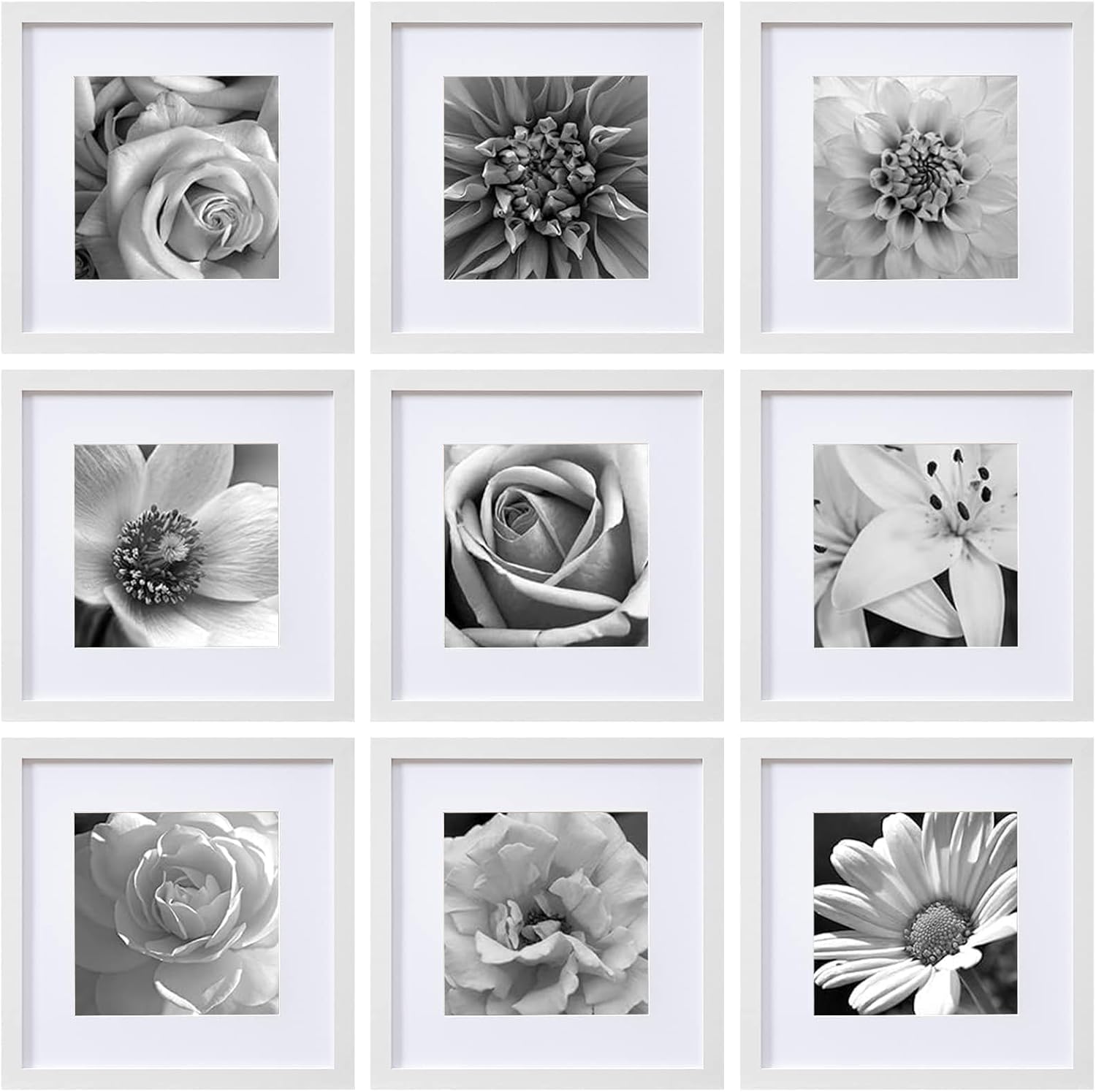 eletecpro 12x12 Picture Frames Set of 9 with Mat for 8x8 Photos or without Mat for 12x12, Square Gallery Wall Decor Collage for Picture Display, Black Frame Set for Wall Hanging