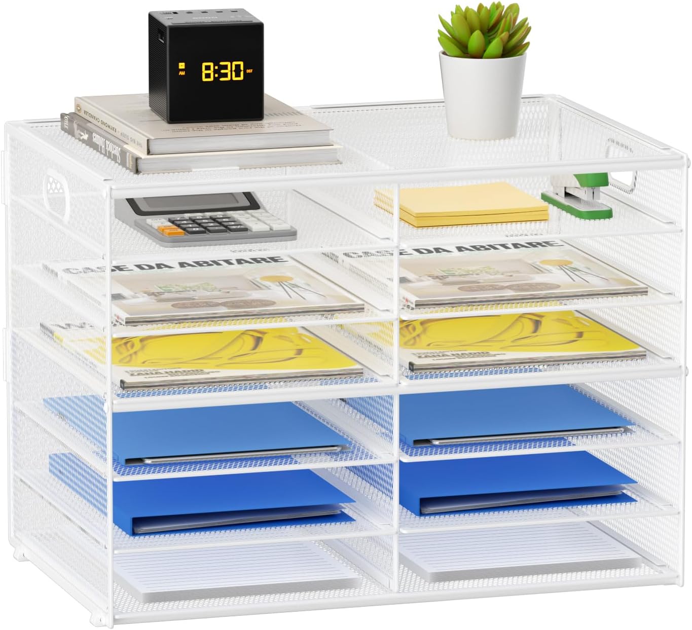 Lavatino 14 Compartments Paper Organizer for Desk, Mesh Literature Organizer, Mail File Sorter Tray with Handle, Desktop Mailbox for Office Classroom Home, Black
