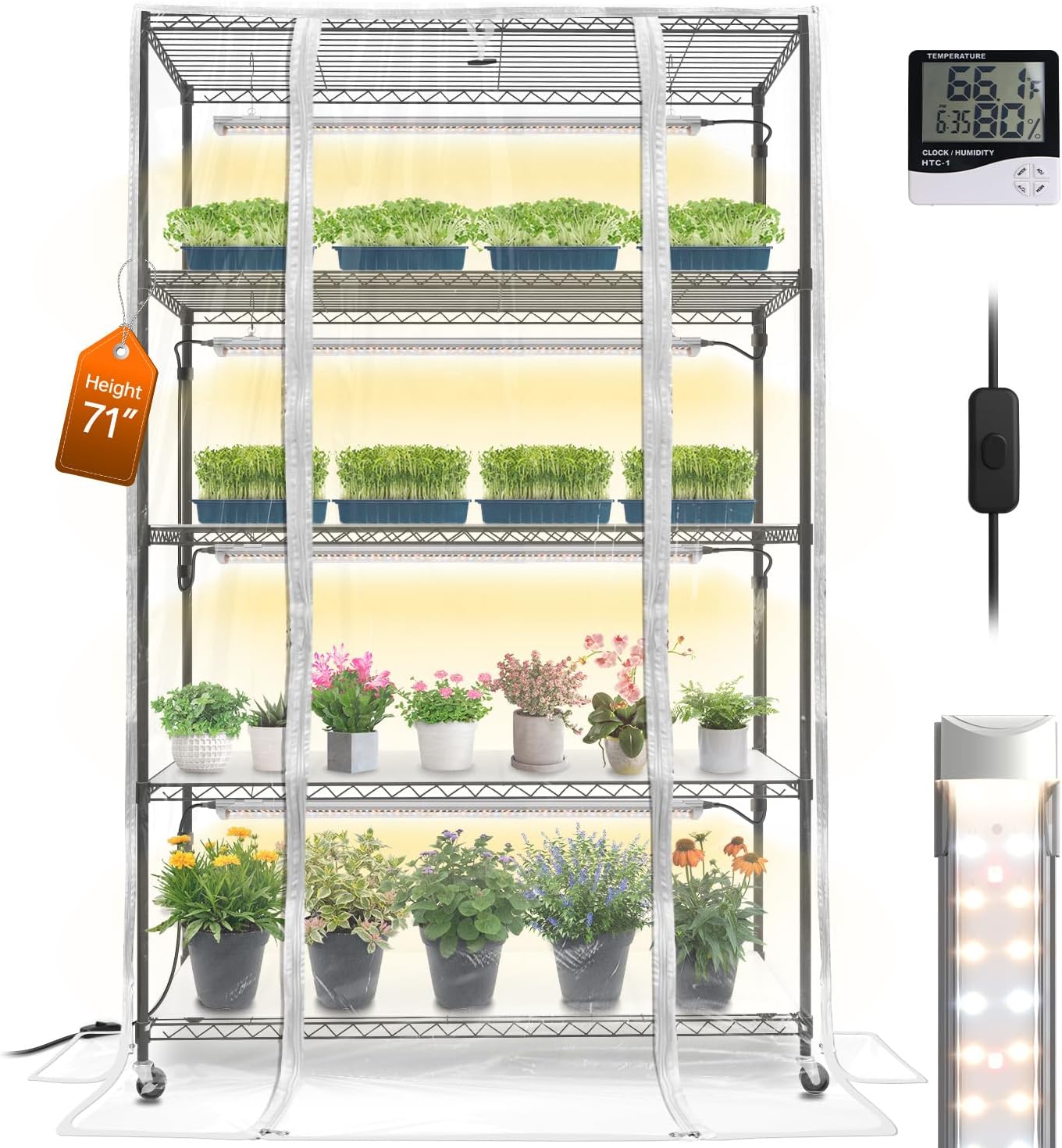 Bstrip Plant Shelf with Grow Lights, 5 Tier Large Tall Plant Stand with 3FT T5 144w Grow Light for Indoor Plants, 3 Mode Full Spectrum LED Plant Light with wheel and Timer for Seedling, 47.2x17.8x71IN