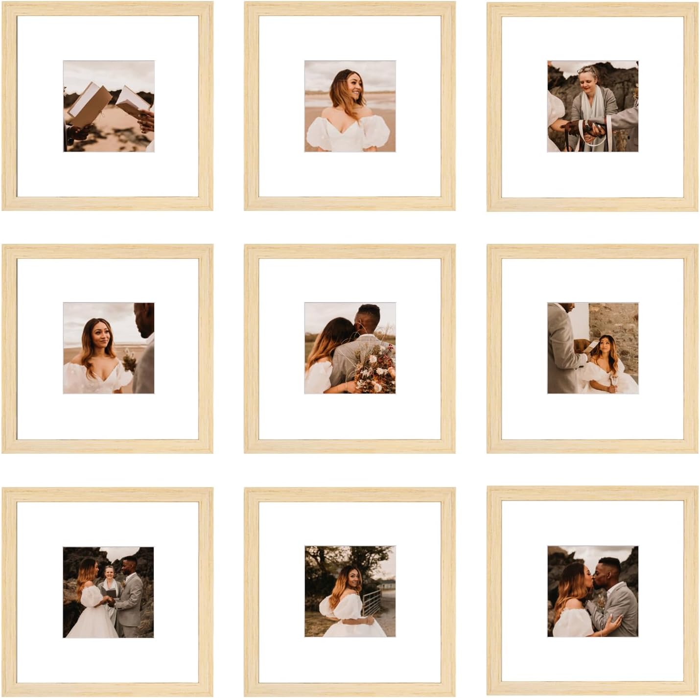 12x12 Picture Frame Set of 9, Display Pictures 8x8 with Mat or 12x12 without Mat, Multi Collage Gallery Square Photo Frames for Wall or Tabletop, Black