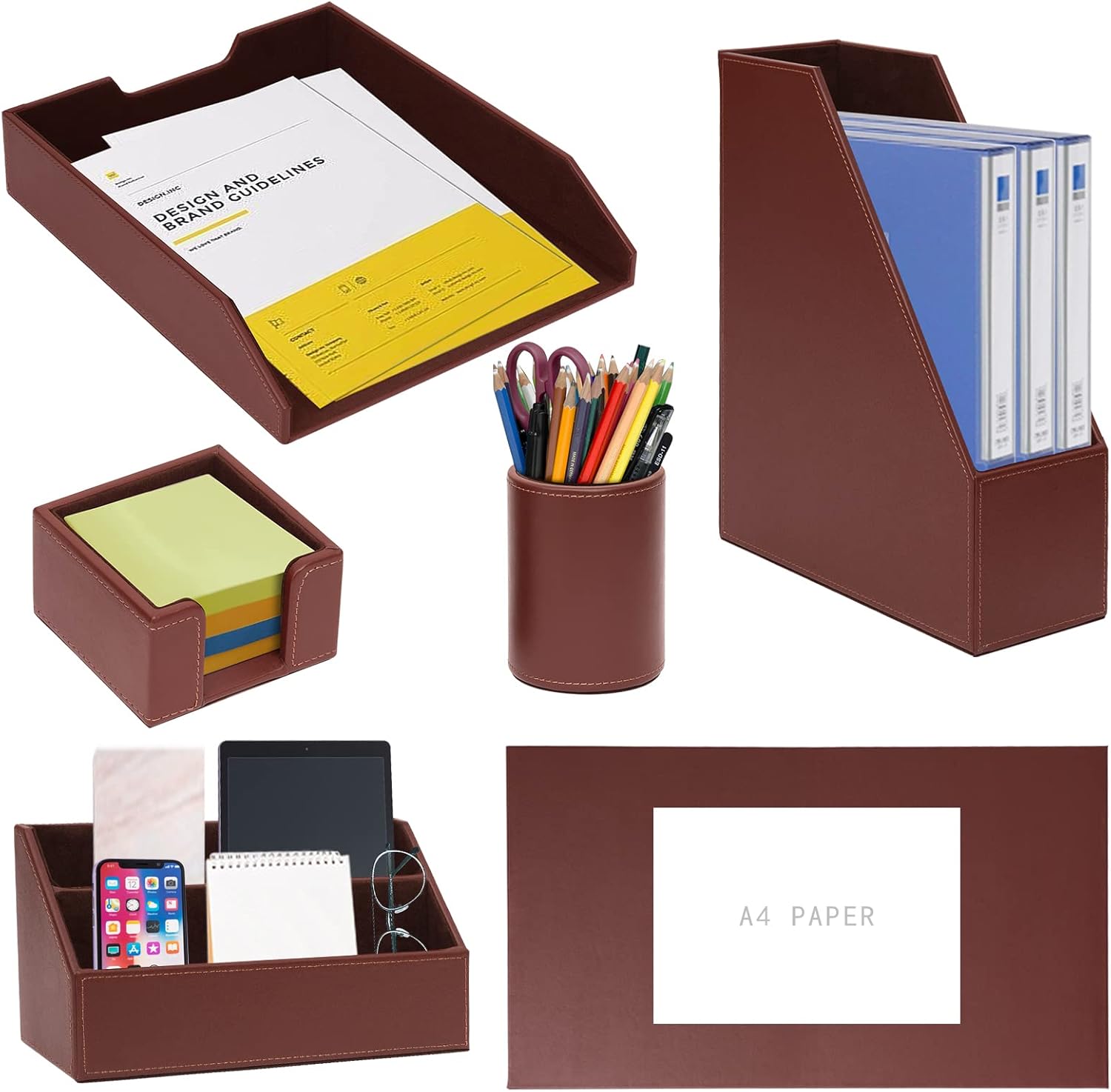 6 Piece Office Supplies/Desk Organizer Set with Desktop Leather Writing Pad,File Paper Tray,Magazine folder Holder, Pen Cup,Sticky Note Holder,Letter Mail Sorter,Workspace Decor for Women Men Black