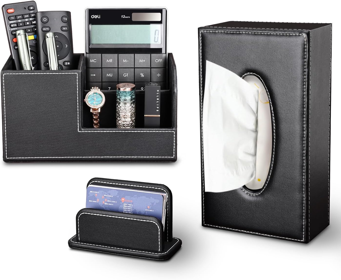 KINGFOM 5PCS Desk Organizer and Accessories Set, Pu Leather Office Supplies with Multifunction Desktop Organizer Storage Box, Tissue Holder, Mouse Pad, Note Paper Holder, Pencil Holder for Desk Black