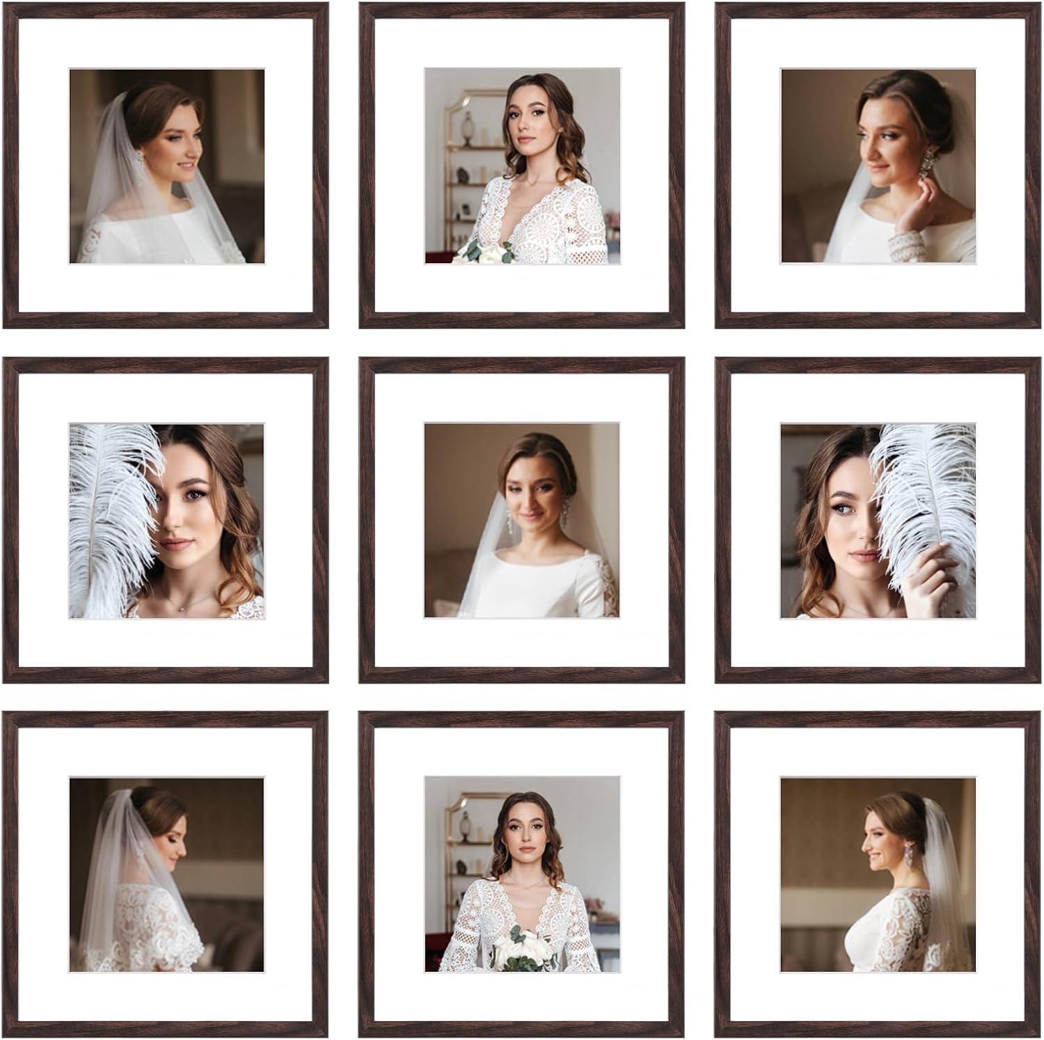 12x12 Picture Frame Set of 9, Display Pictures 8x8 with Mat or 12x12 without Mat, Multi Collage Gallery Square Photo Frames for Wall or Tabletop, Black