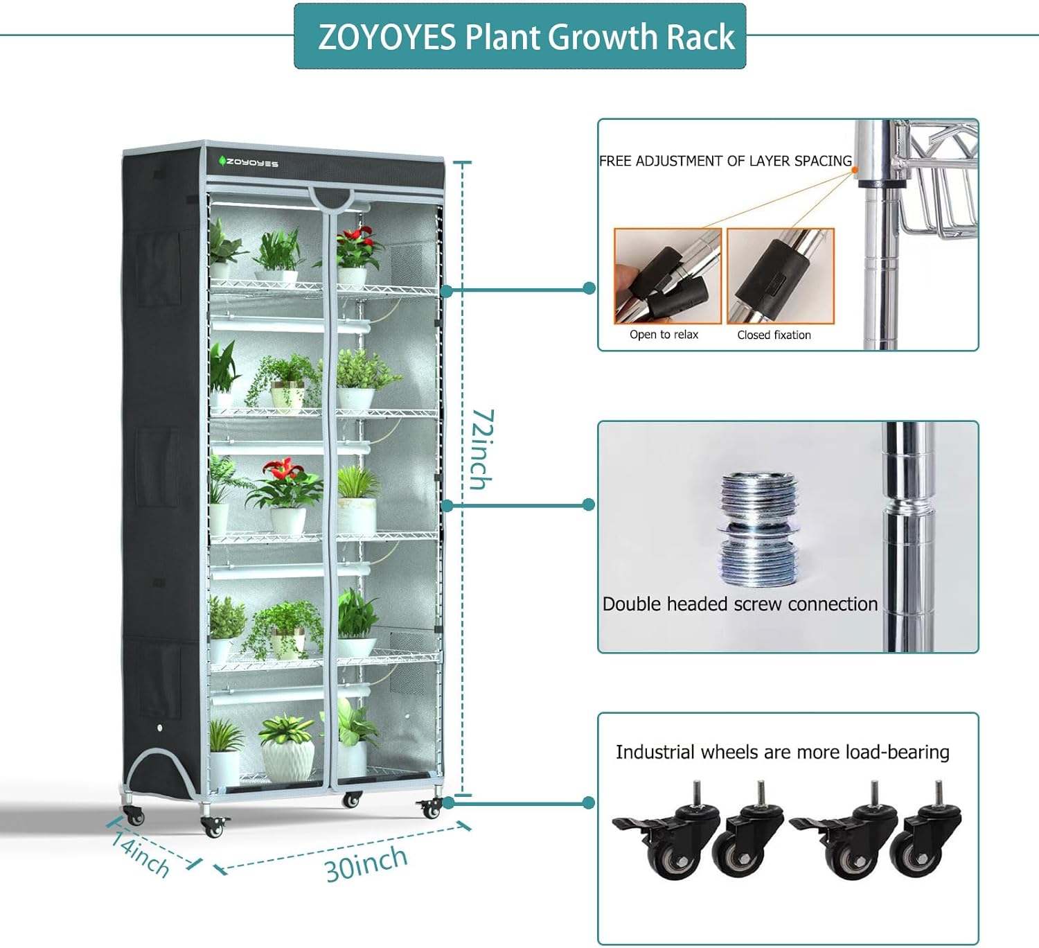 Plant Shelf Greenhouse with Grow Light, 6-Tiered Plant Stand with 5 Sets T8 Grow Lights and Cover, Thermometer, Timer, for Seedling Cultivation Reproduction Flowering, 30" L x 14" W x 72" H