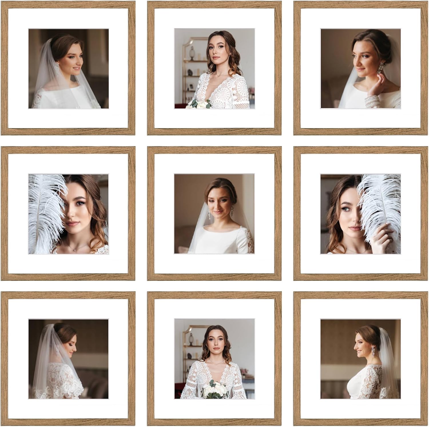 12x12 Picture Frame Set of 9, Display Pictures 8x8 with Mat or 12x12 without Mat, Multi Collage Gallery Square Photo Frames for Wall or Tabletop, Black