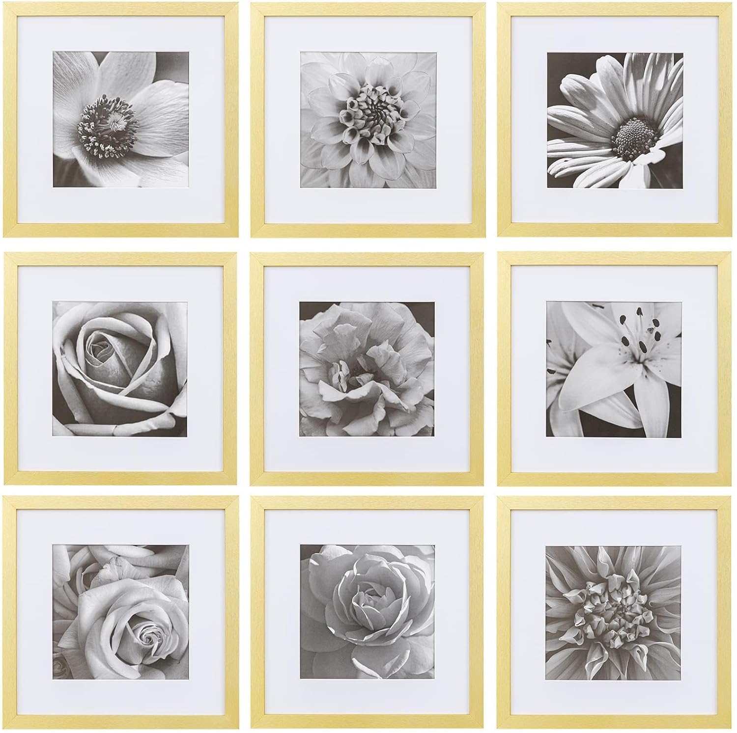 eletecpro 12x12 Picture Frames Set of 9 with Mat for 8x8 Photos or without Mat for 12x12, Square Gallery Wall Decor Collage for Picture Display, Black Frame Set for Wall Hanging