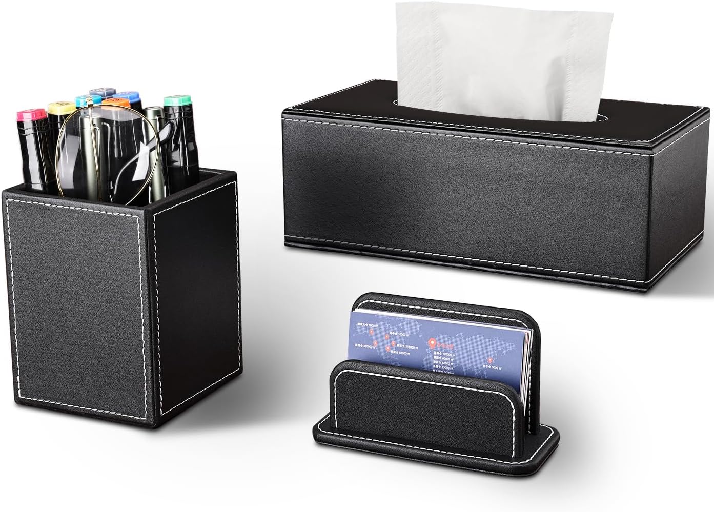 KINGFOM 5PCS Desk Organizer and Accessories Set, Pu Leather Office Supplies with Multifunction Desktop Organizer Storage Box, Tissue Holder, Mouse Pad, Note Paper Holder, Pencil Holder for Desk Black