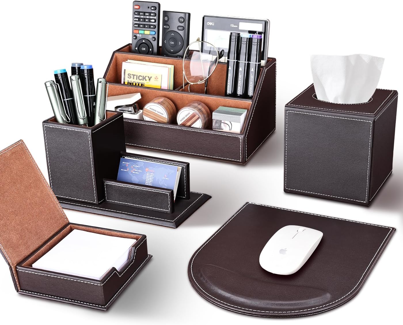 KINGFOM 5PCS Desk Organizer and Accessories Set, Pu Leather Office Supplies with Multifunction Desktop Organizer Storage Box, Tissue Holder, Mouse Pad, Note Paper Holder, Pencil Holder for Desk Black