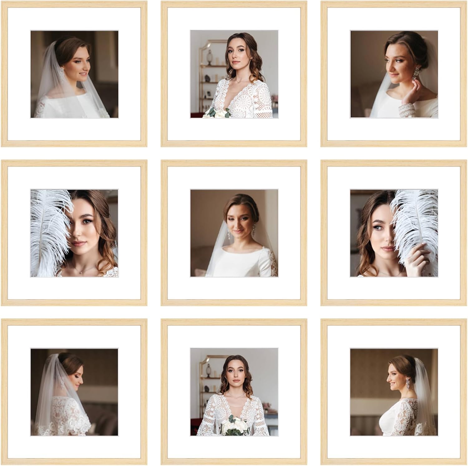 12x12 Picture Frame Set of 9, Display Pictures 8x8 with Mat or 12x12 without Mat, Multi Collage Gallery Square Photo Frames for Wall or Tabletop, Black