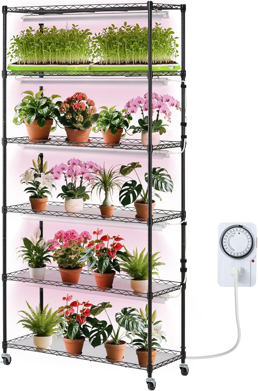 VEVOR DIY Plant Stand with Grow Light, 6-Tier Large Tall Plant Shelf with 192W 5000K Full Spectrum Grow Lights, Indoor Grow Light Shelf with Wheels for Seed Starting 29.5" L x 13.8" W x 70.9" H