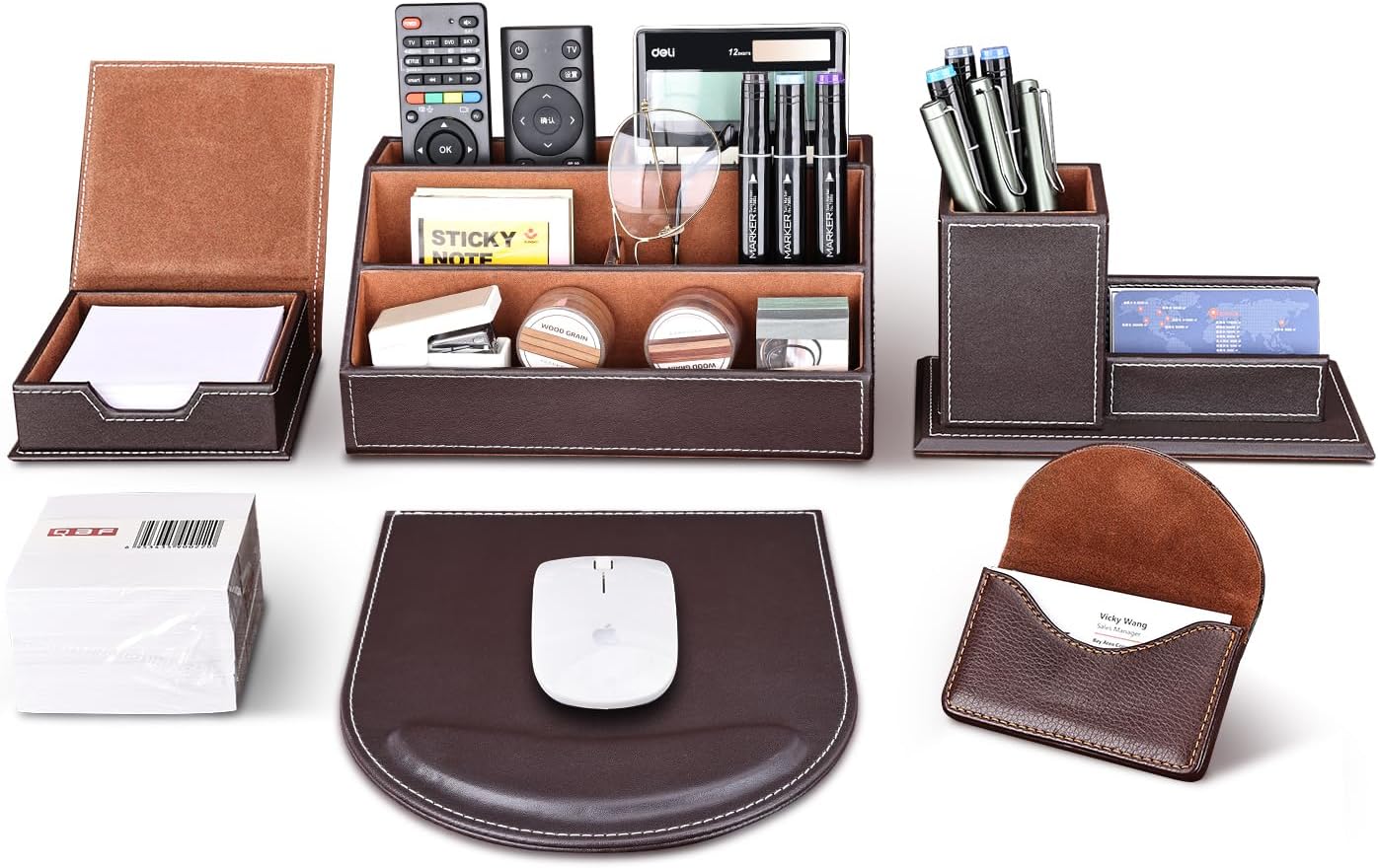 KINGFOM 5PCS Desk Organizer and Accessories Set, Pu Leather Office Supplies with Multifunction Desktop Organizer Storage Box, Tissue Holder, Mouse Pad, Note Paper Holder, Pencil Holder for Desk Black