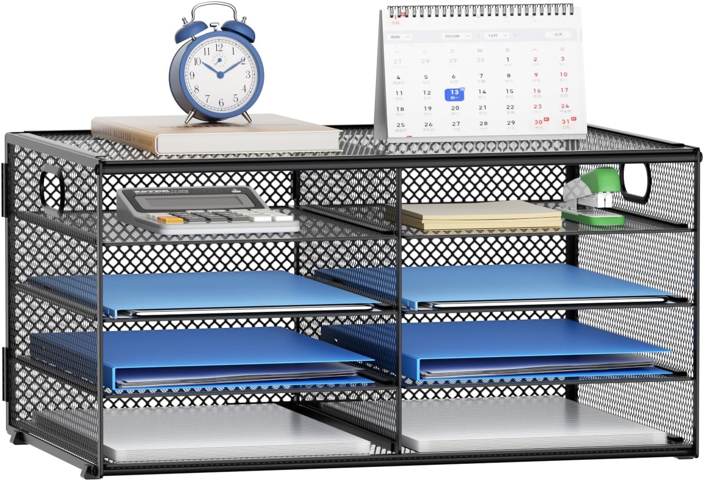 Lavatino 14 Compartments Paper Organizer for Desk, Mesh Literature Organizer, Mail File Sorter Tray with Handle, Desktop Mailbox for Office Classroom Home, Black