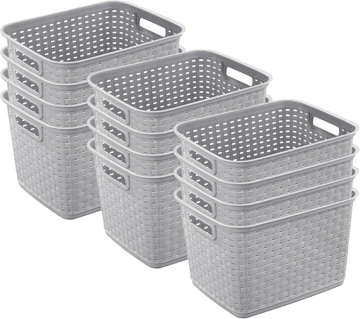 Sterilite 6-Pack Tall Weave Basket, Wicker-Style Plastic Open Storage Bin, Cement Gray - Multi-Purpose Decorative Organizer for Laundry Area, Shelves, Closets, Pantries, Living Rooms or Offices