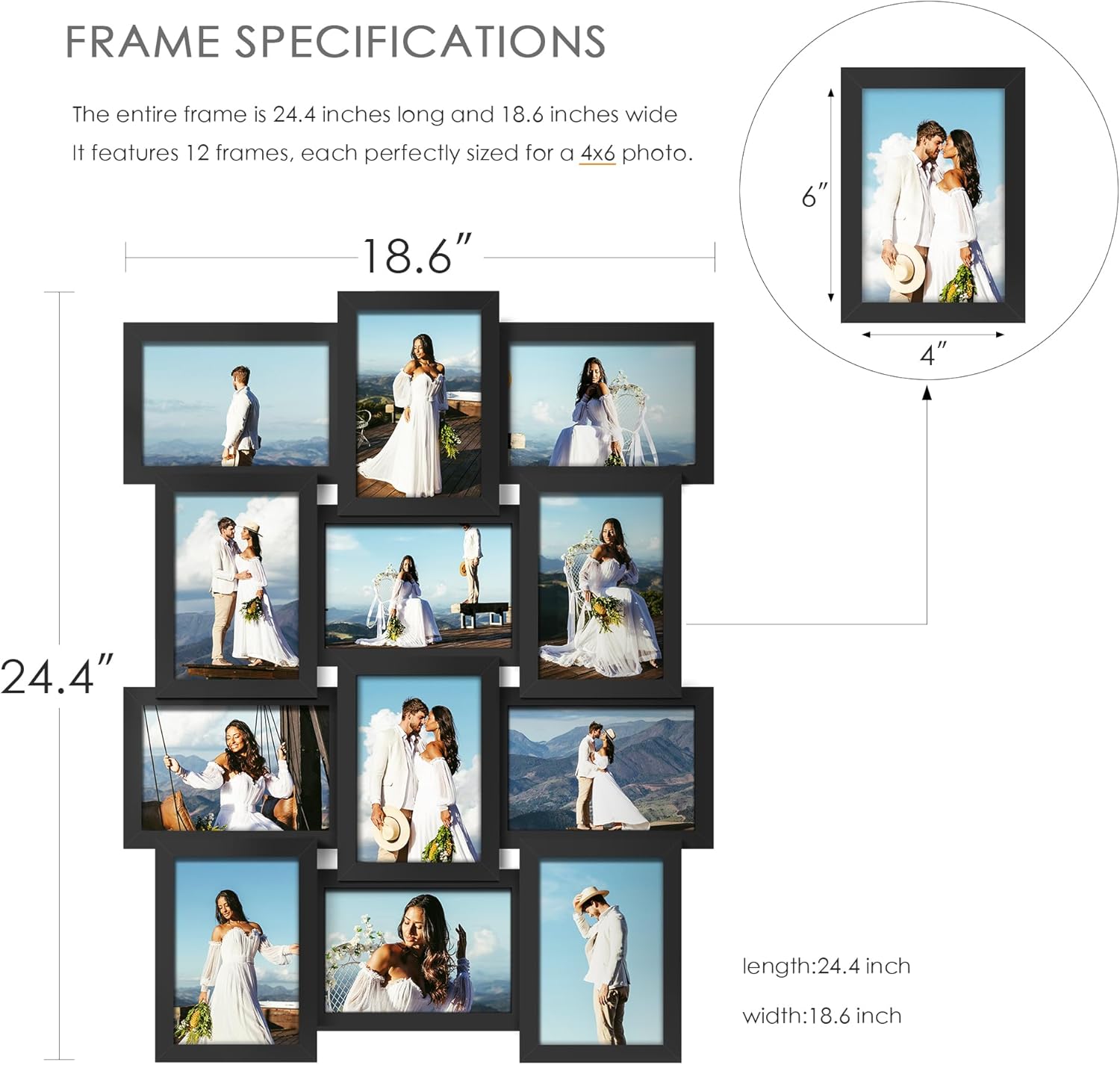 4x6 Picture Frame Collage, 12-Pack Picture Frames Collage Wall Decor, Set with Glass Front, Assembly Required, Black