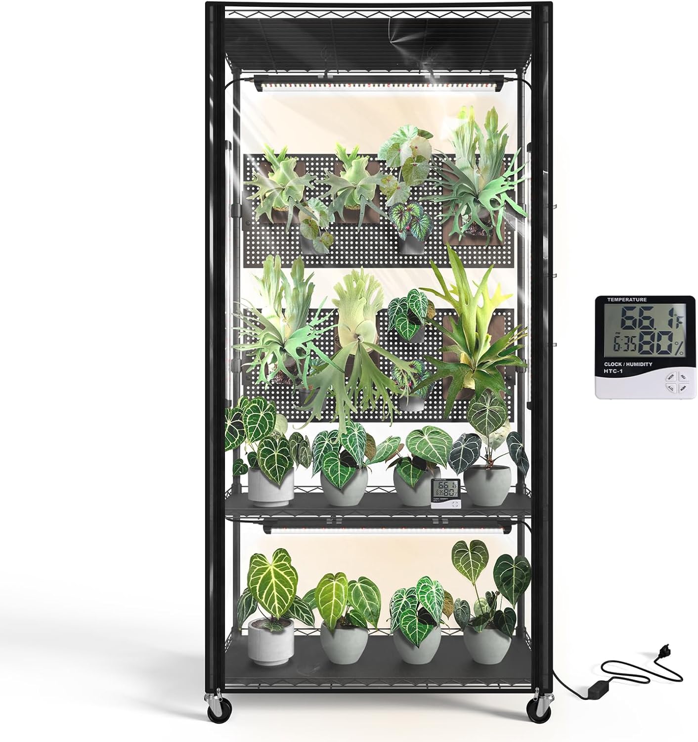 Bstrip Plant Shelf with Grow Light & Pegboard, Metal Plant Stand with Adjustable Rack and Wheels, 4 x 24W Full Spectrum Grow Light Strip for Indoor Plants, Foliage Plants, Seedling, 29.5"x13.8"x59"