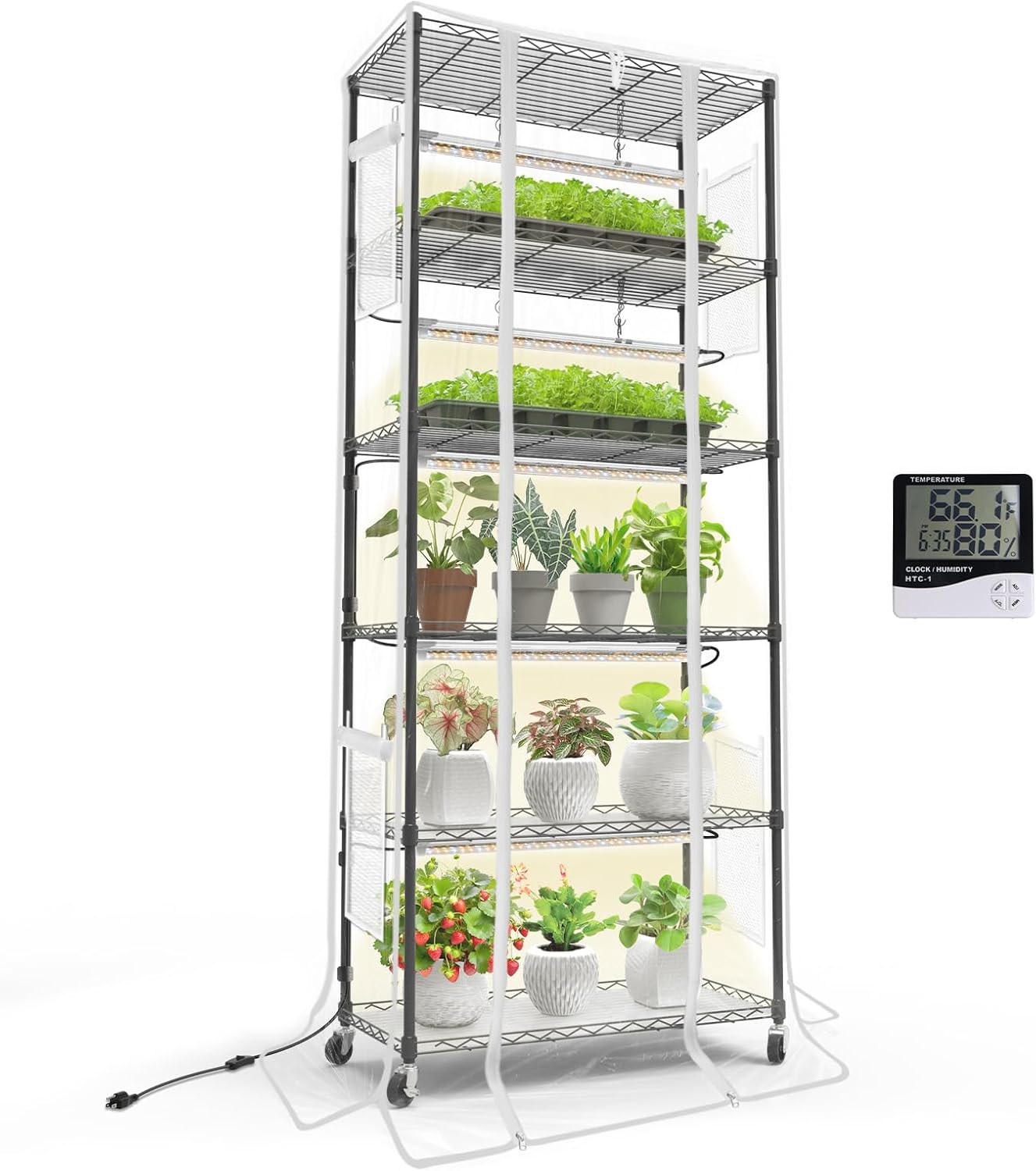 Bstrip Plant Shelf with Grow Light, Metal Plant Stand with Adjustable Rack and Wheels, 5 Pack 24W Full Spectrum Grow Light Strip for Indoor Plants, Seed Starting, Seed Tray, 29.5"x13.8"x71"