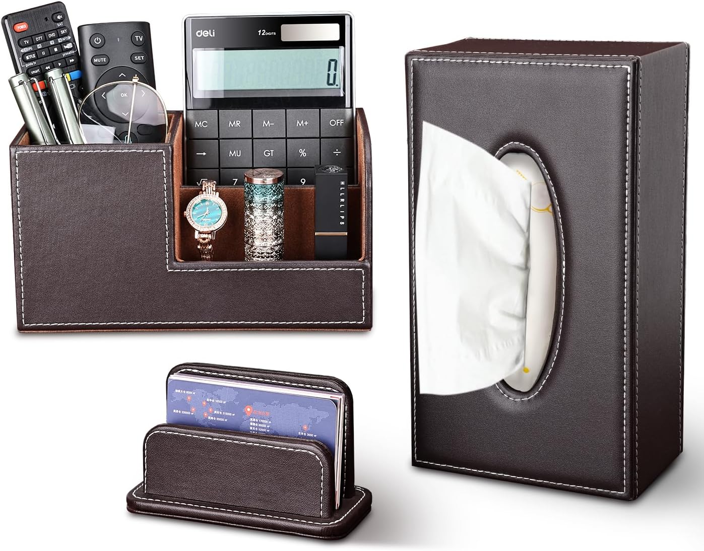KINGFOM 5PCS Desk Organizer and Accessories Set, Pu Leather Office Supplies with Multifunction Desktop Organizer Storage Box, Tissue Holder, Mouse Pad, Note Paper Holder, Pencil Holder for Desk Black