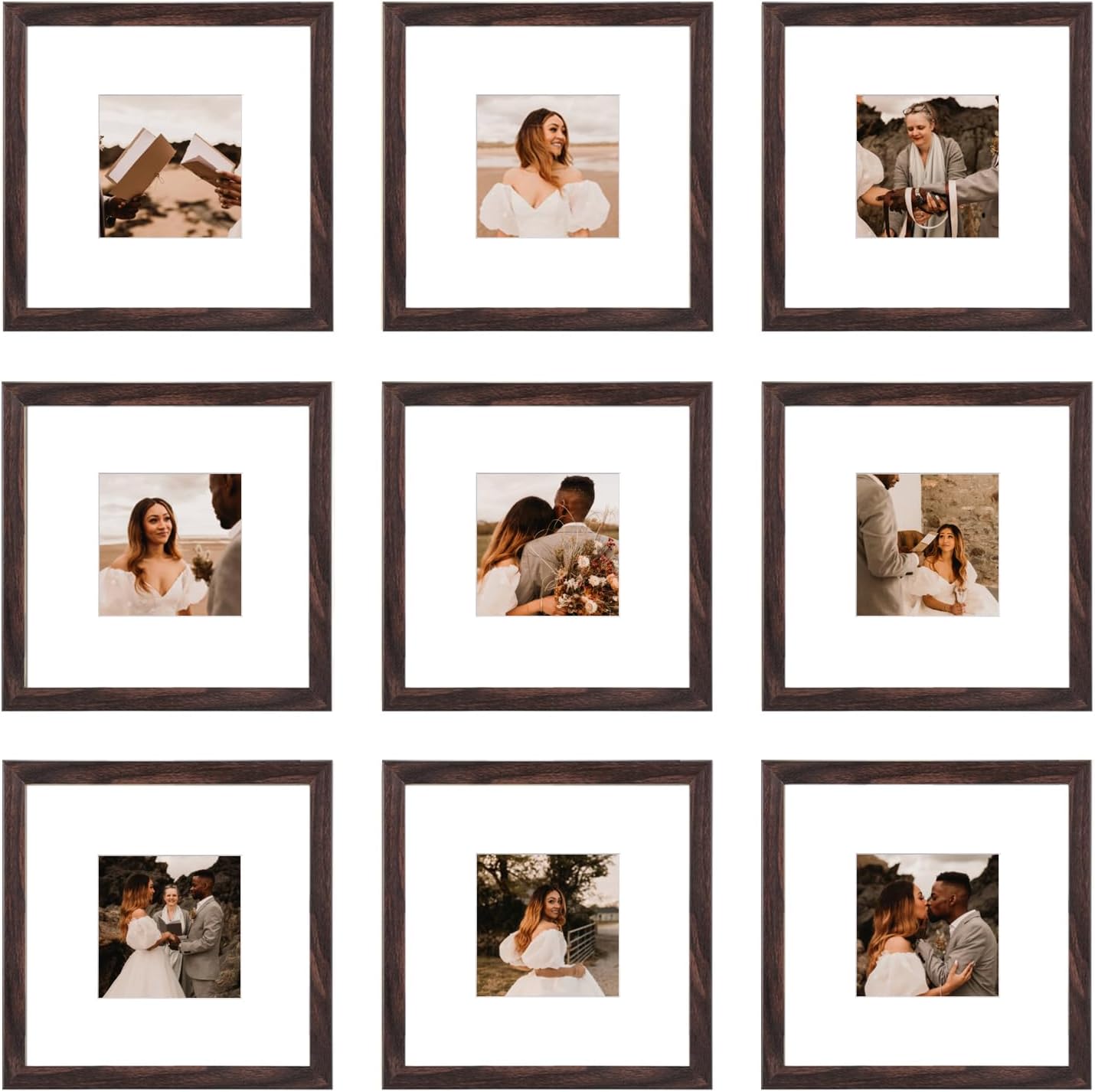 12x12 Picture Frame Set of 9, Display Pictures 8x8 with Mat or 12x12 without Mat, Multi Collage Gallery Square Photo Frames for Wall or Tabletop, Black