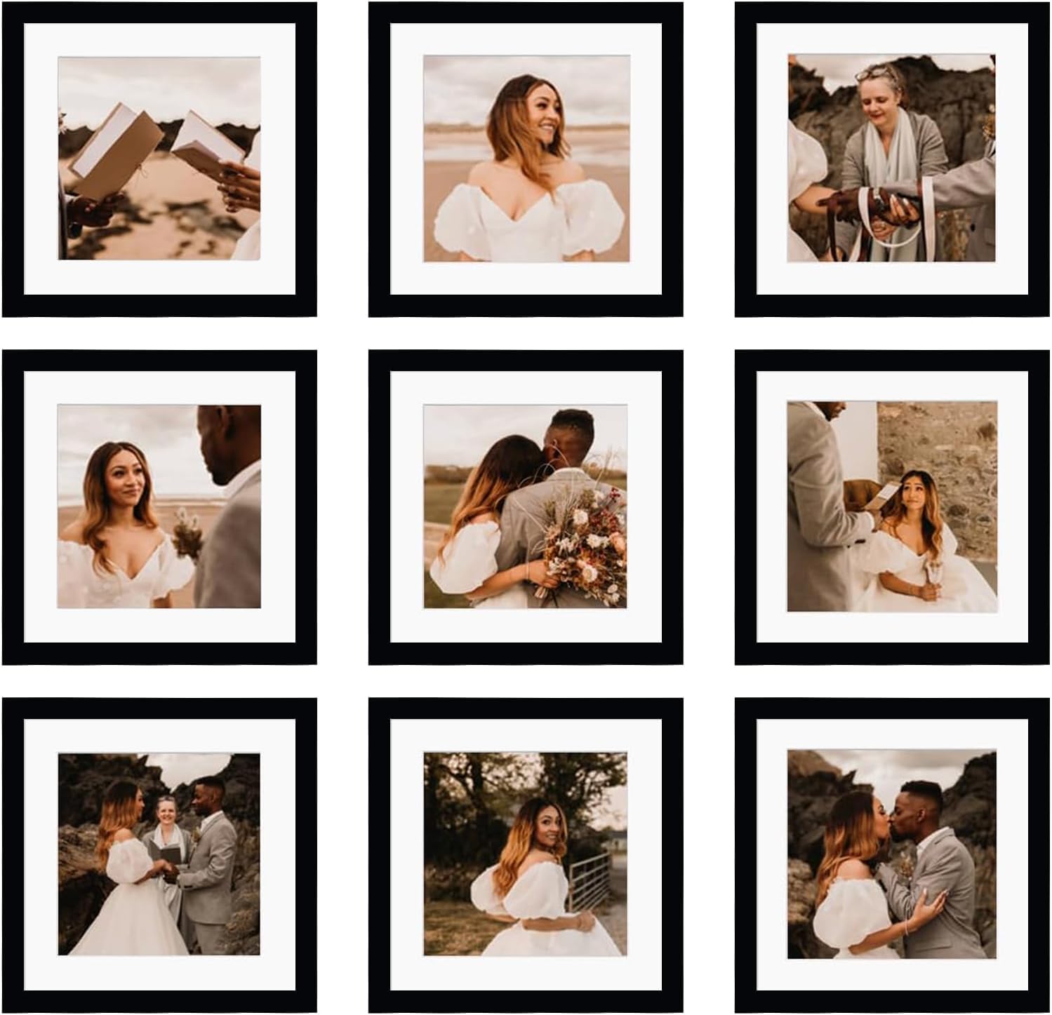 12x12 Picture Frame Set of 9, Display Pictures 8x8 with Mat or 12x12 without Mat, Multi Collage Gallery Square Photo Frames for Wall or Tabletop, Black