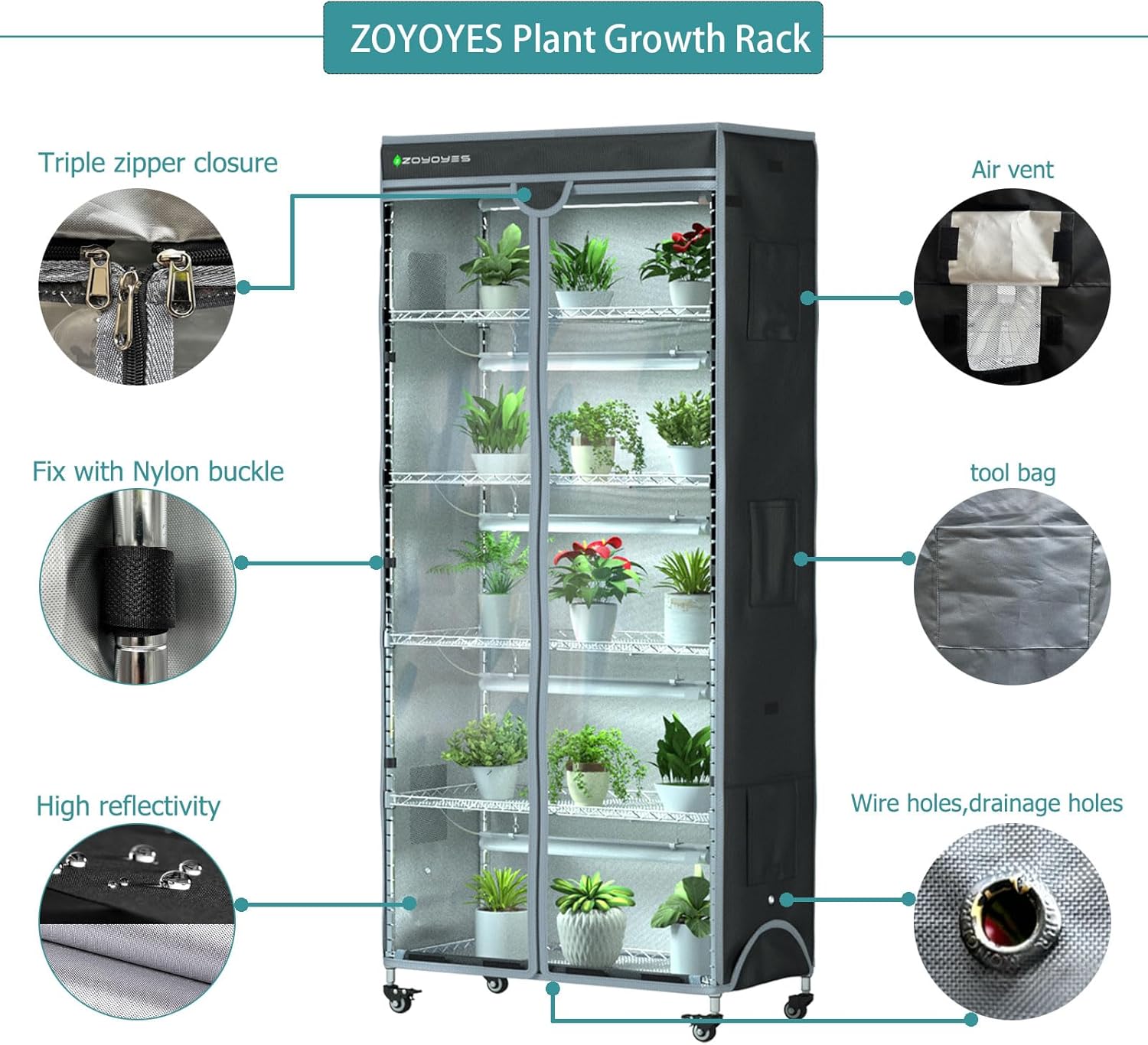 Plant Shelf Greenhouse with Grow Light, 6-Tiered Plant Stand with 5 Sets T8 Grow Lights and Cover, Thermometer, Timer, for Seedling Cultivation Reproduction Flowering, 30" L x 14" W x 72" H