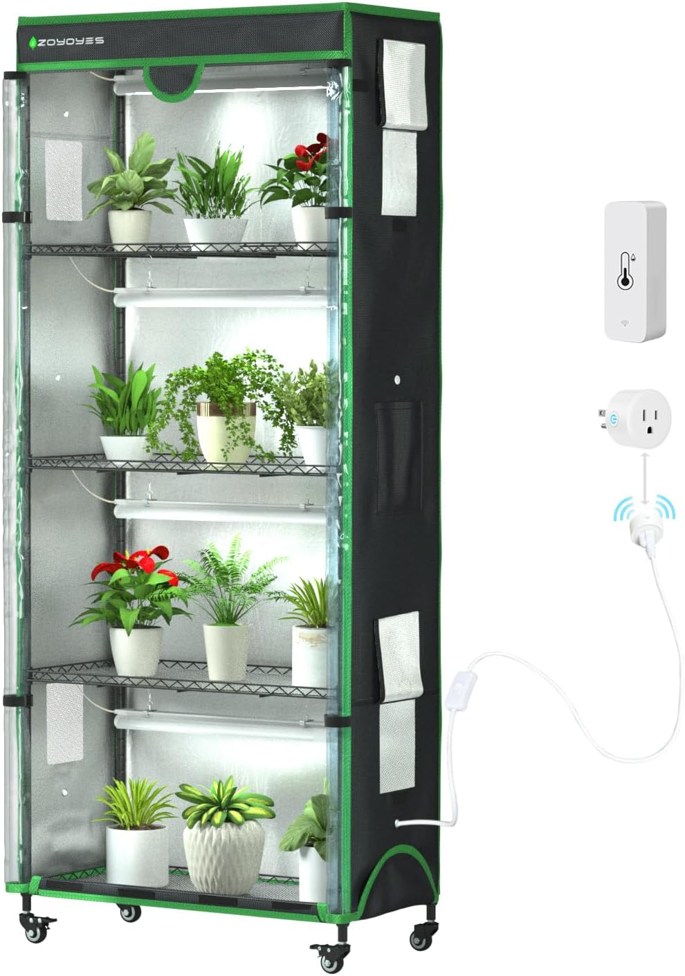 Plant Stand with Grow Light,36" LX18 WX72 H,6-Layer Plant Shelf with Cover,Indoor Greenhouse 3-Color T8 Growth Lights and Smart Socket, Thermohygrometer,for Seedling Reproduction Flowering