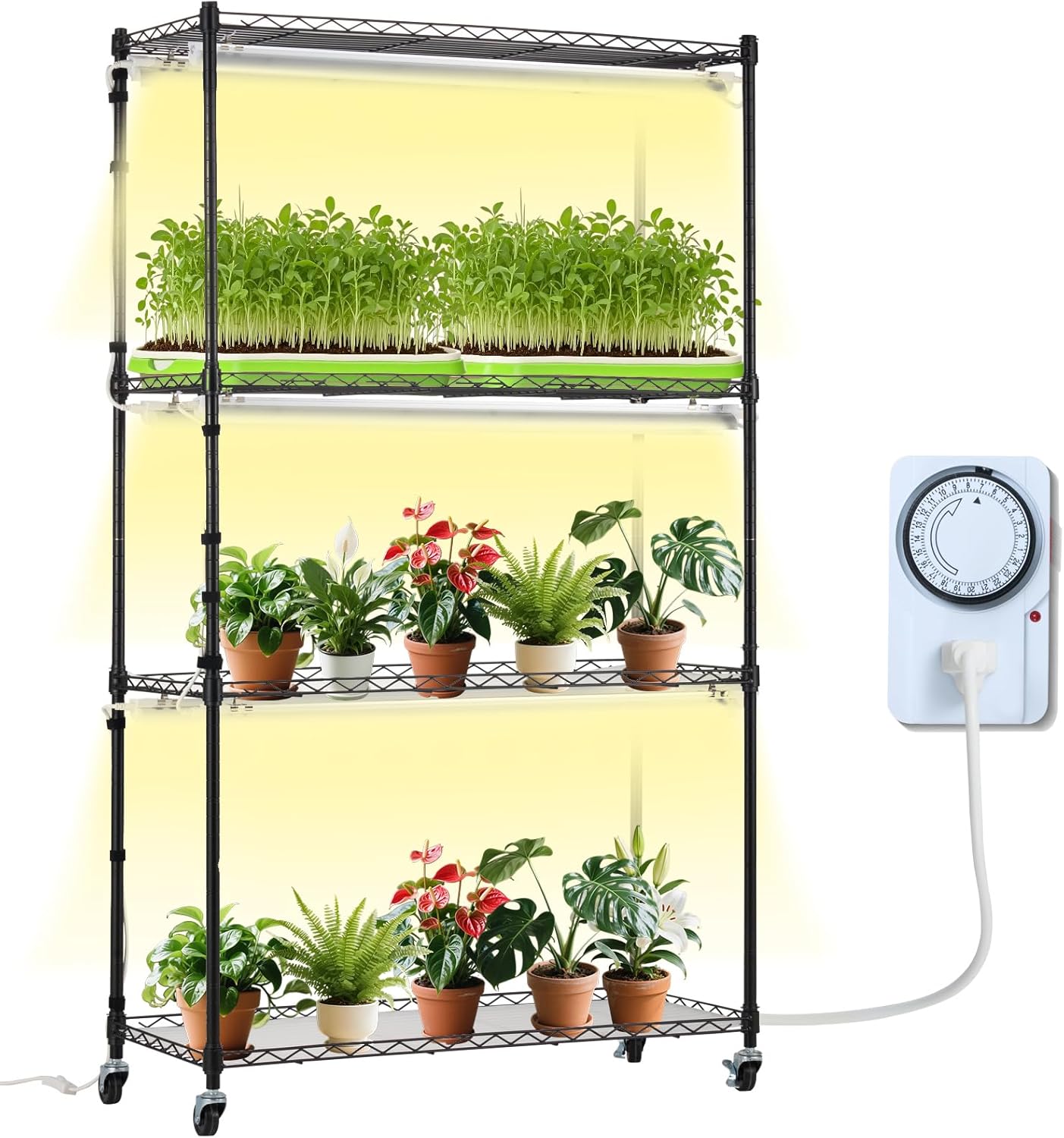 VEVOR DIY Plant Stand with Grow Light, 6-Tier Large Tall Plant Shelf with 192W 5000K Full Spectrum Grow Lights, Indoor Grow Light Shelf with Wheels for Seed Starting 29.5" L x 13.8" W x 70.9" H