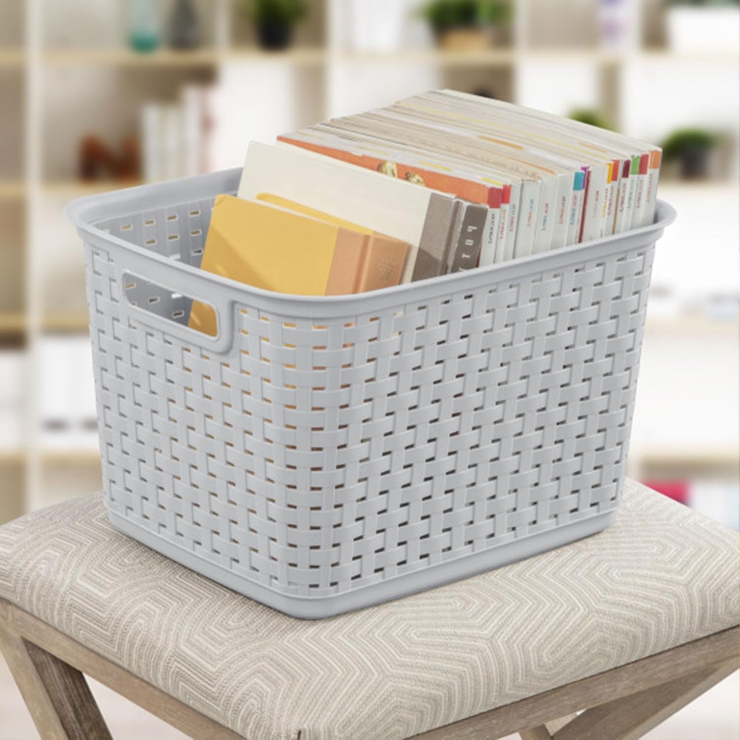Sterilite 6-Pack Tall Weave Basket, Wicker-Style Plastic Open Storage Bin, Cement Gray - Multi-Purpose Decorative Organizer for Laundry Area, Shelves, Closets, Pantries, Living Rooms or Offices