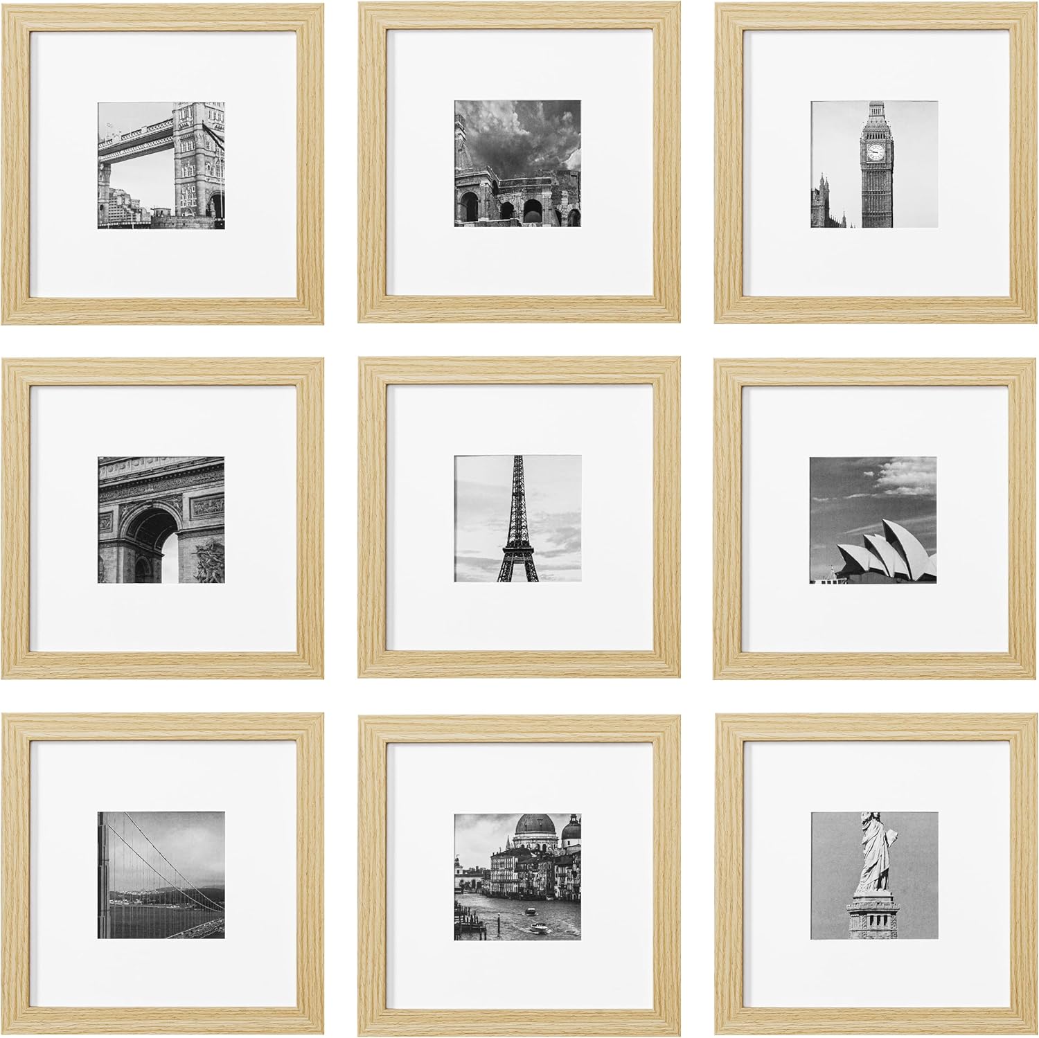 eletecpro 12x12 Picture Frames Set of 9 with Mat for 8x8 Photos or without Mat for 12x12, Square Gallery Wall Decor Collage for Picture Display, Black Frame Set for Wall Hanging