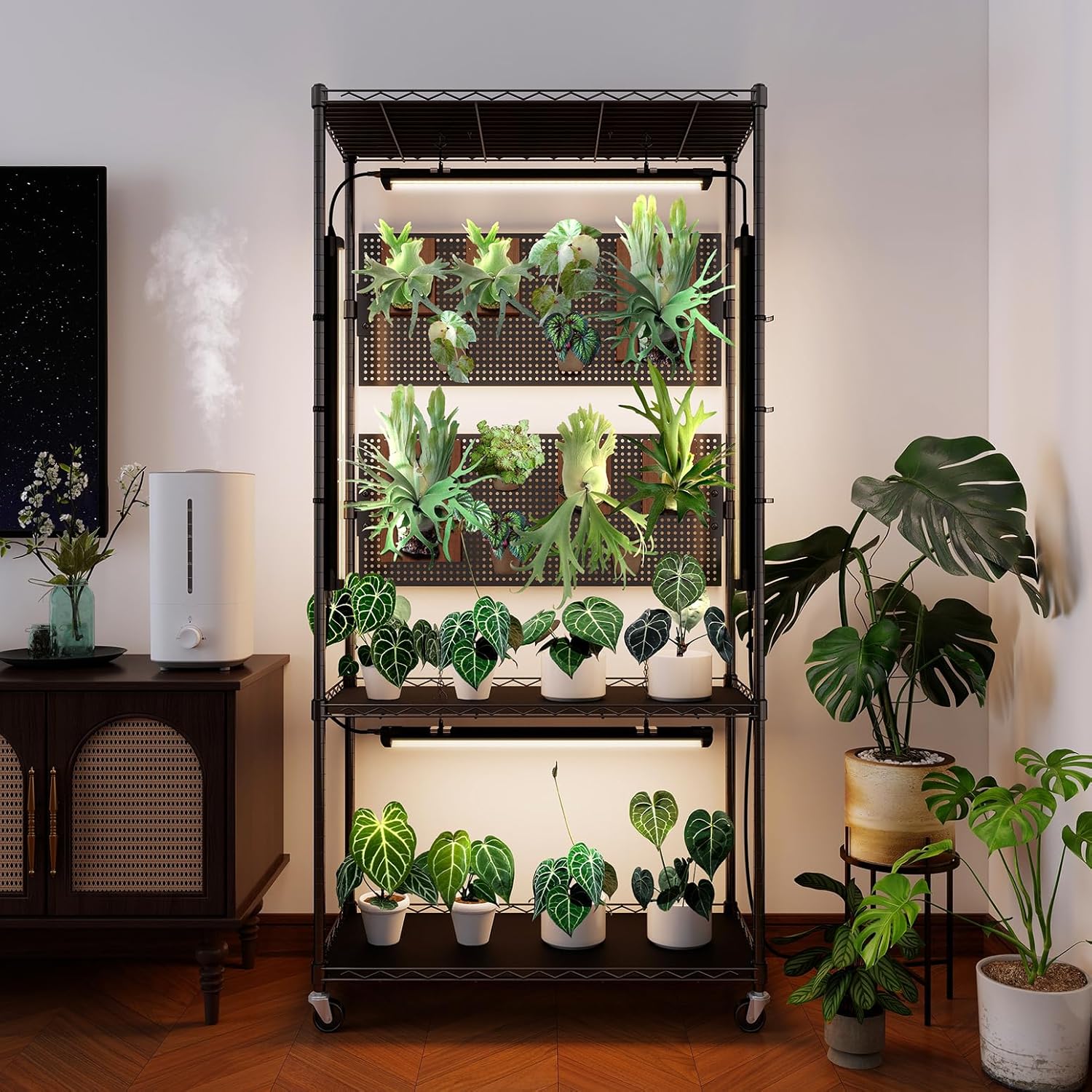 Bstrip Plant Shelf with Grow Light & Pegboard, Metal Plant Stand with Adjustable Rack and Wheels, 4 x 24W Full Spectrum Grow Light Strip for Indoor Plants, Foliage Plants, Seedling, 29.5"x13.8"x59"