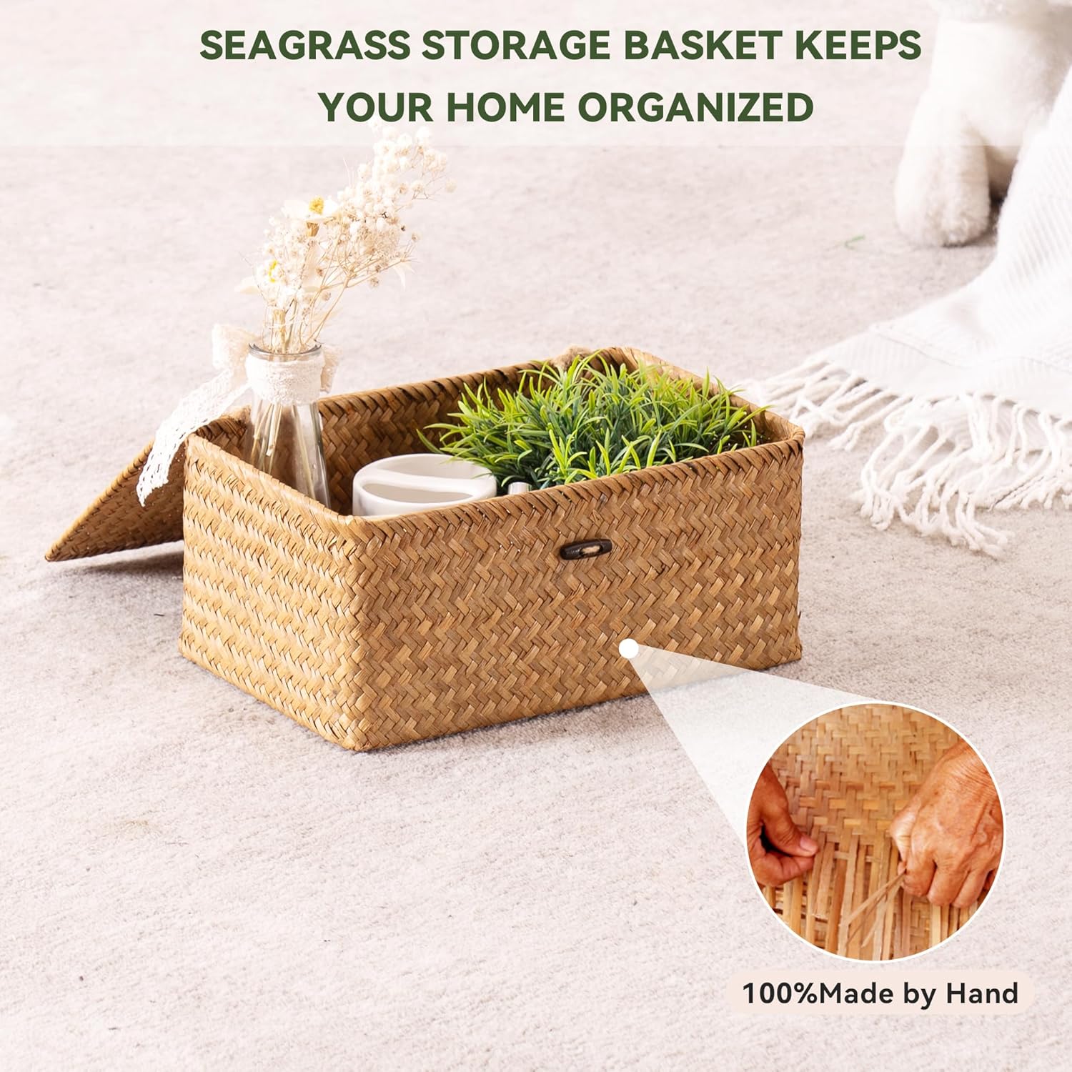 Nonam Handwoven Natural Seagrass Bin with Lid, Set of 3, Shelf Baskets Multipurpose Container for Boho Decoration, Rectangular Household Storage Boxes for Home Organization