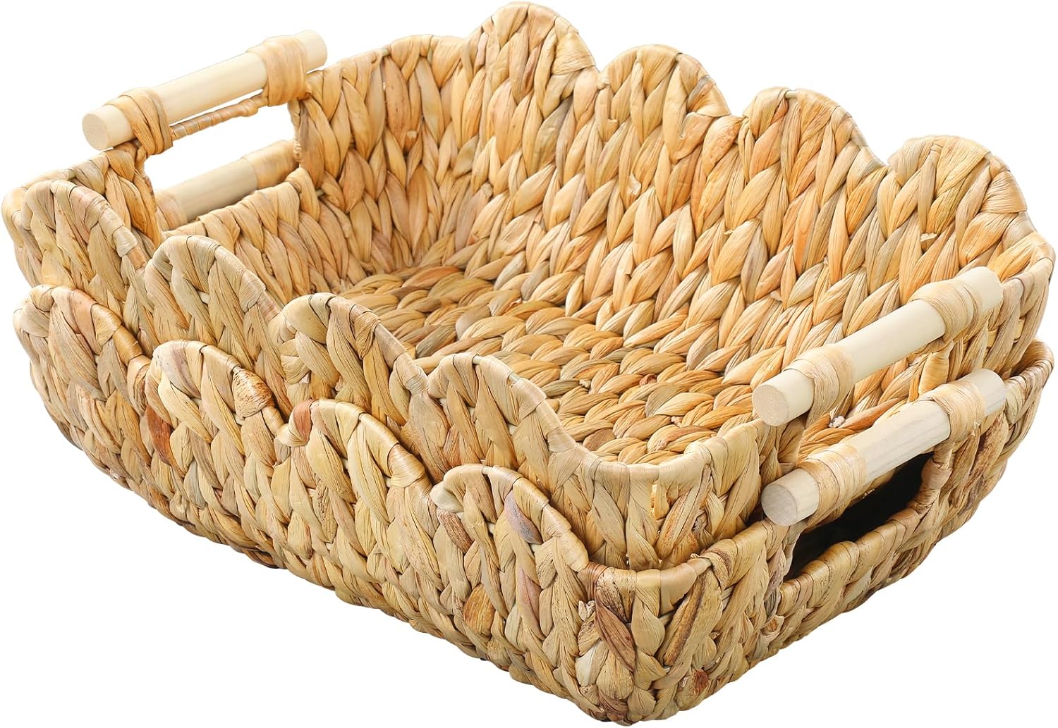 Wicker Basket,Scalloped Basket with Wooden Handle,Hand-Woven Water Hyacinth Storage Baskets for Organizing,Shelves,Snack,Gift,2 Pack