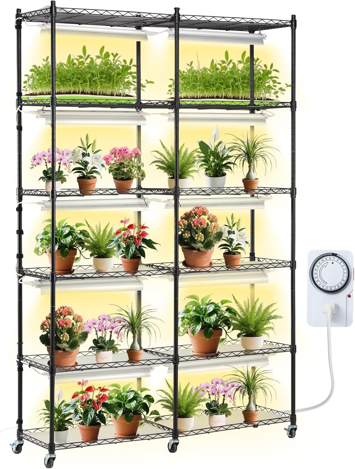 VEVOR DIY Plant Stand with Grow Light, 6-Tier Large Tall Plant Shelf with 192W 5000K Full Spectrum Grow Lights, Indoor Grow Light Shelf with Wheels for Seed Starting 29.5" L x 13.8" W x 70.9" H