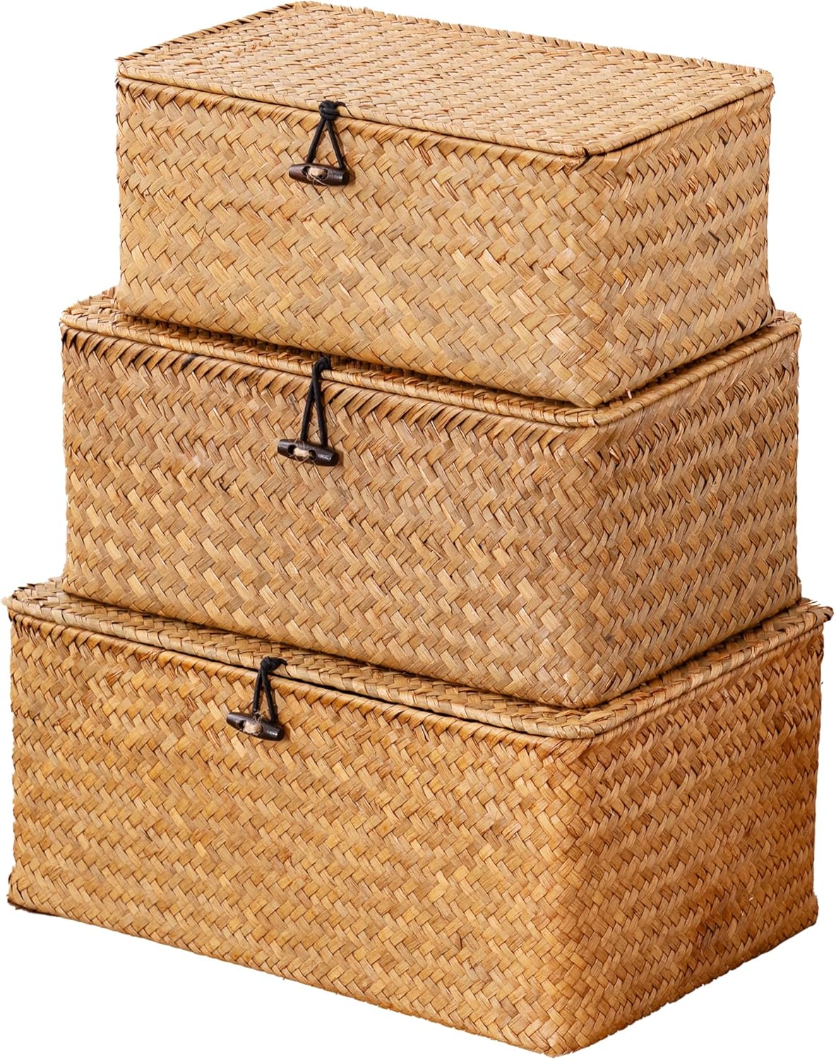 Nonam Handwoven Natural Seagrass Bin with Lid, Set of 3, Shelf Baskets Multipurpose Container for Boho Decoration, Rectangular Household Storage Boxes for Home Organization