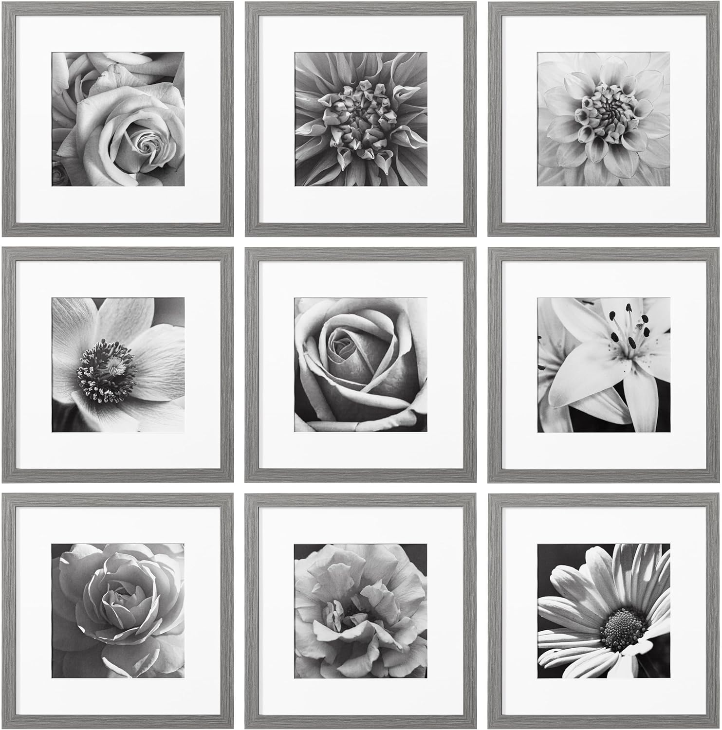 eletecpro 12x12 Picture Frames Set of 9 with Mat for 8x8 Photos or without Mat for 12x12, Square Gallery Wall Decor Collage for Picture Display, Black Frame Set for Wall Hanging