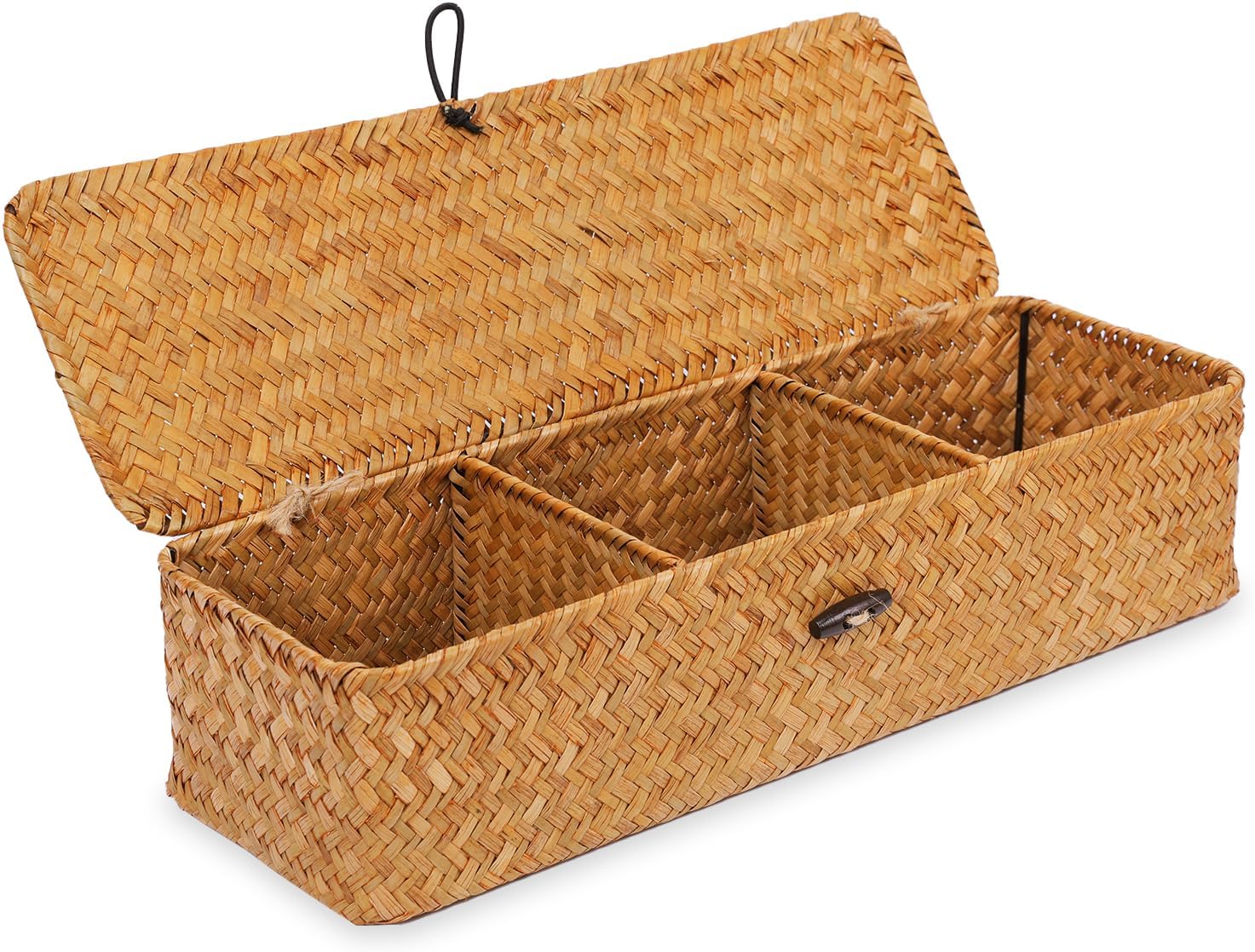 Nonam Handwoven Natural Seagrass Bin with Lid, Set of 3, Shelf Baskets Multipurpose Container for Boho Decoration, Rectangular Household Storage Boxes for Home Organization