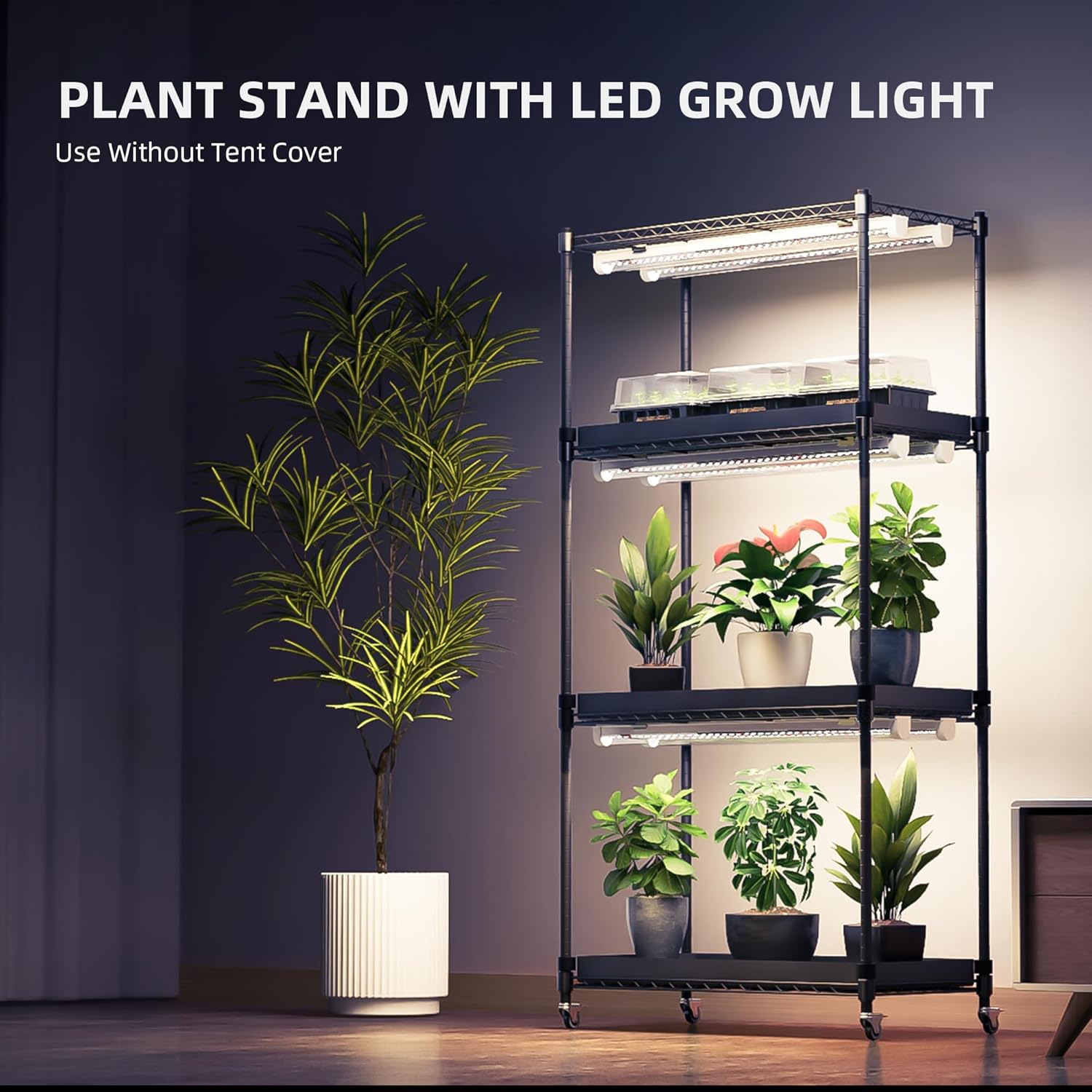 Spider Farmer 2025 Plant Stand with Grow Lights, 4-Tier Plant Shelf with 6Pcs 2ft Full Spectrum LED Lamp and Grow Tent, for Veg Seed Starting Plants Growth Greenhouse 28Lx14Dx59H (Update)